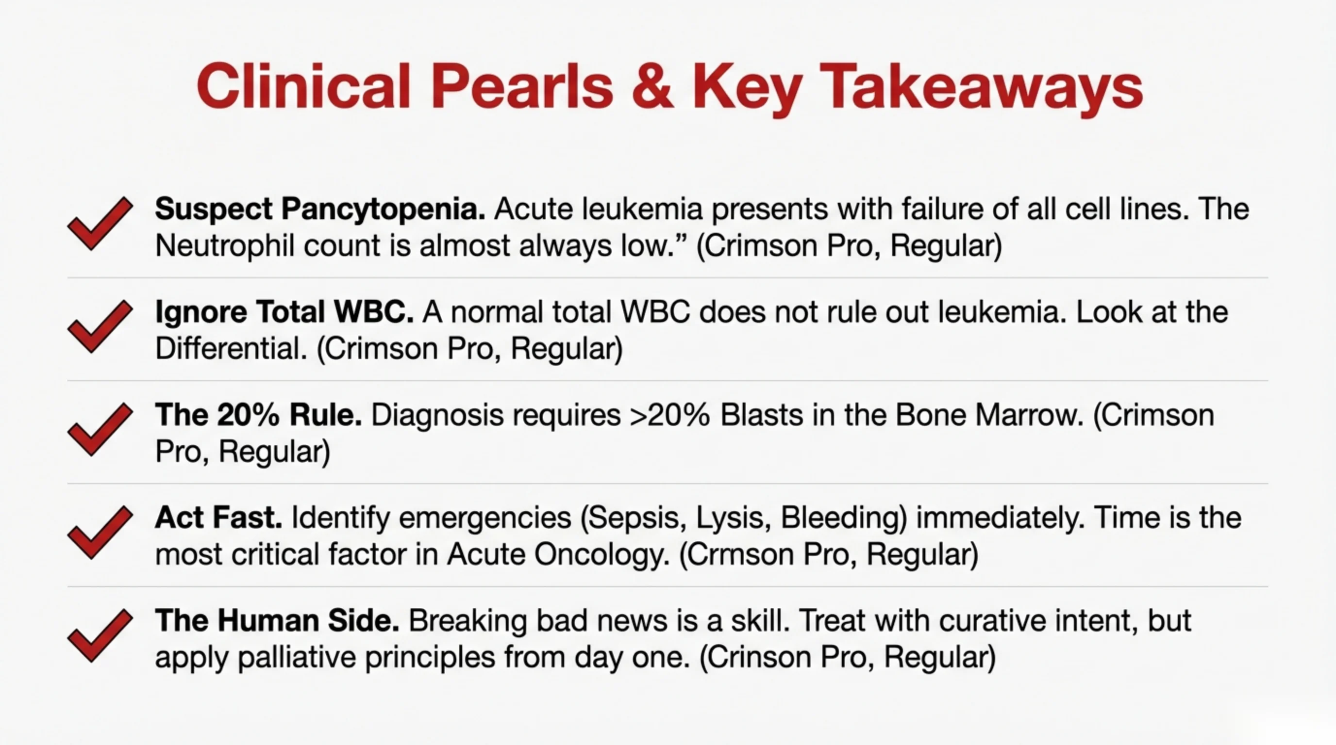 A checklist of five bolded clinical takeaways, each marked with a red check mark.