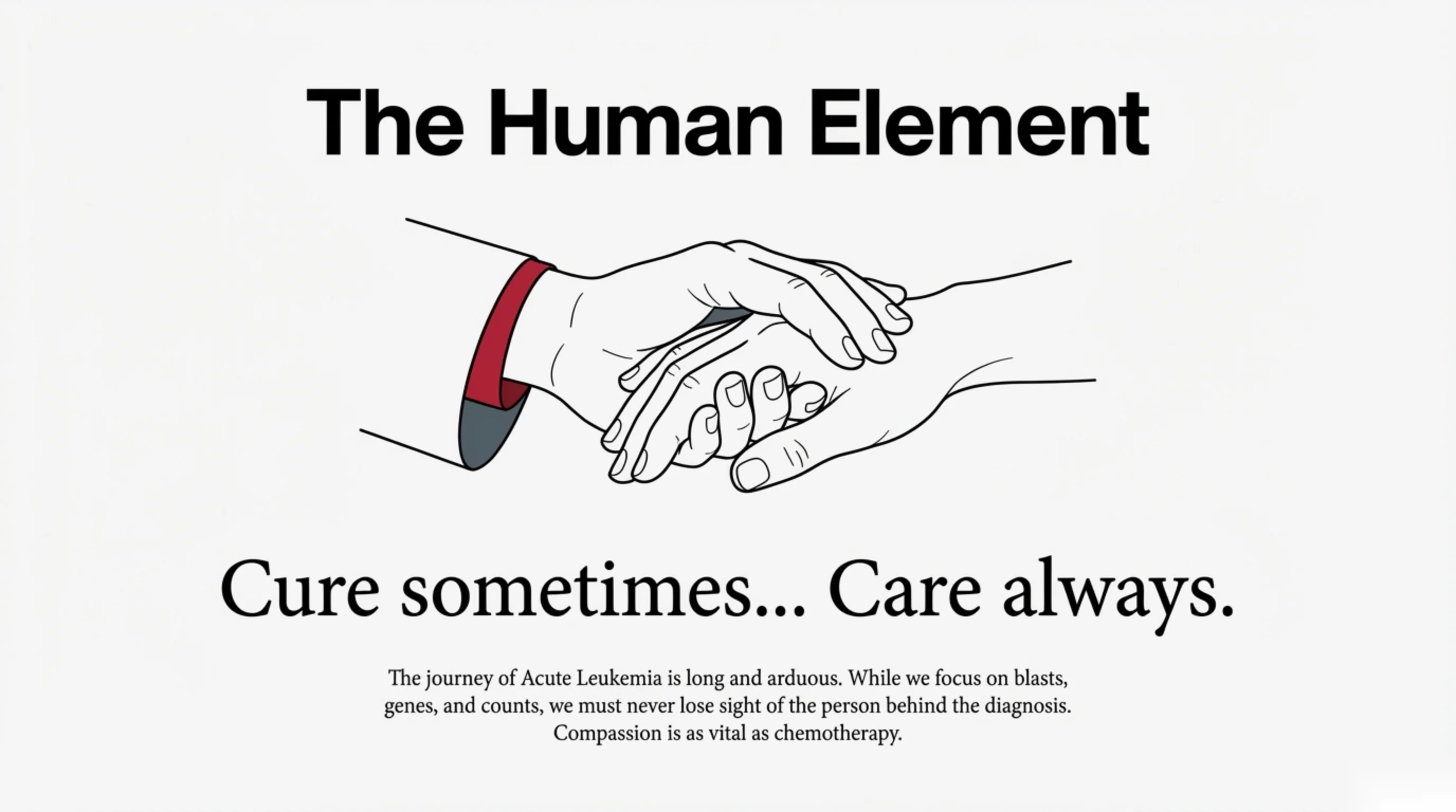 A line drawing of a clinician's hand clasping a patient's hand, above the motto Cure sometimes... Care always.