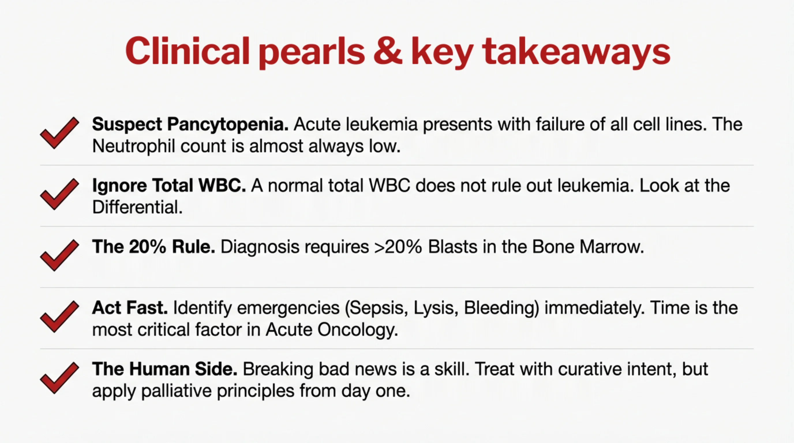 A checklist of five bolded clinical takeaways, each marked with a red check mark.