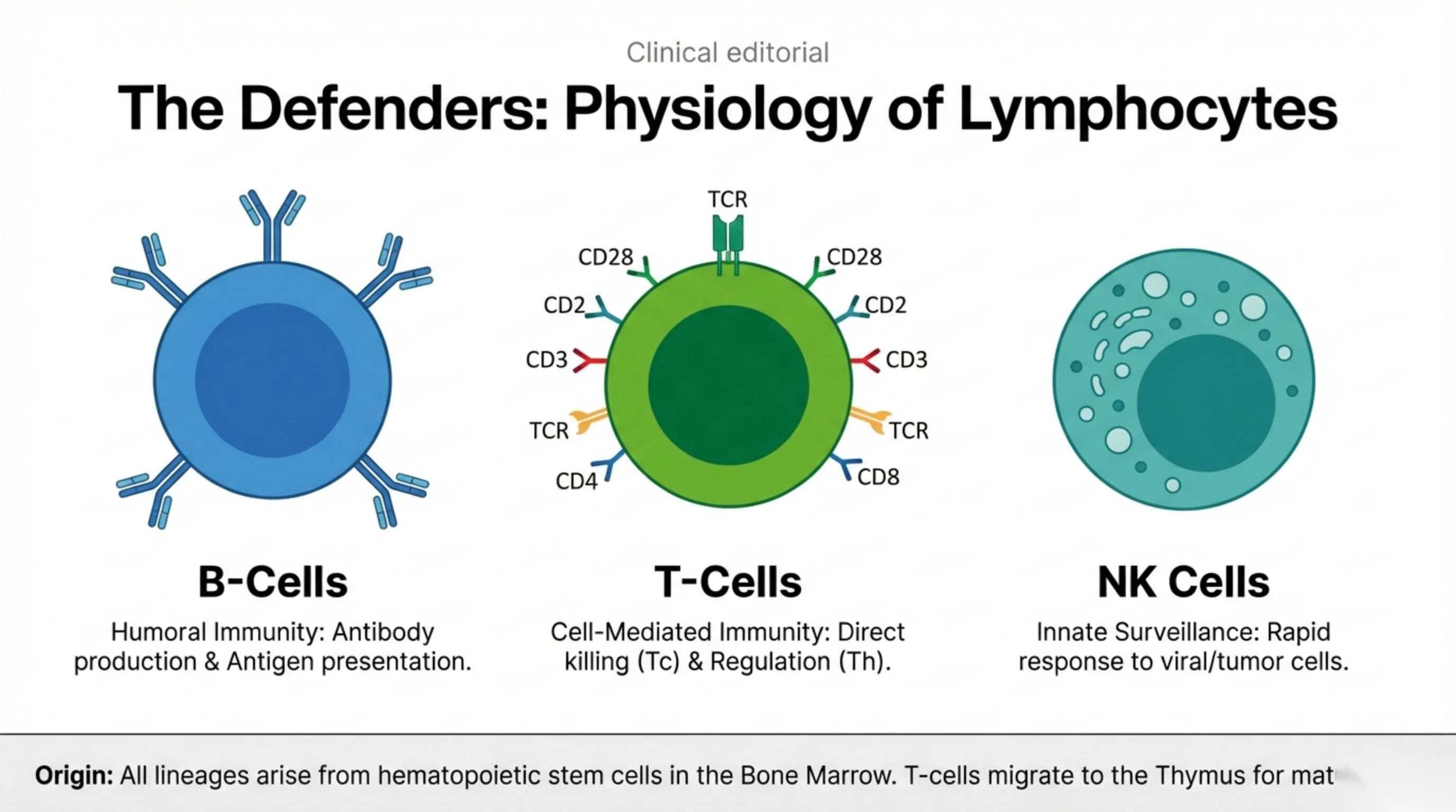 Three labeled cell diagrams comparing B-cells, T-cells (with surface receptors) and NK cells, with an origin note along the bottom.