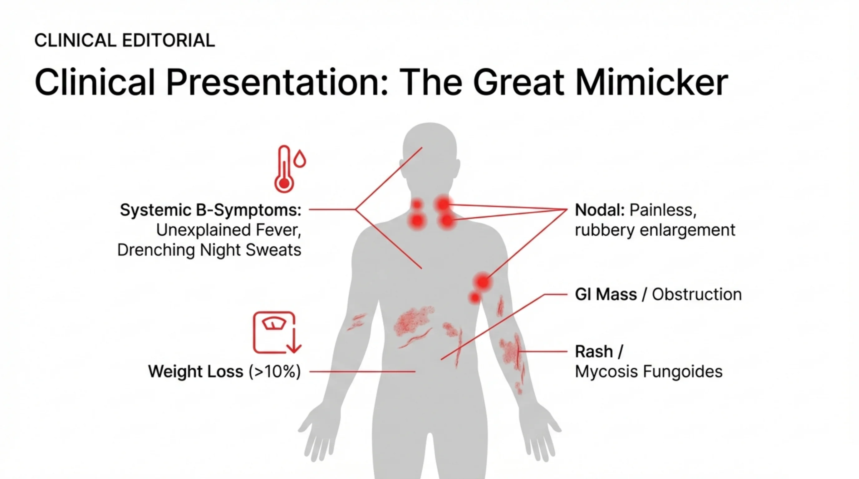 Grey body silhouette with red markers annotated by callouts describing systemic, nodal, gastrointestinal and skin manifestations of lymphoma.