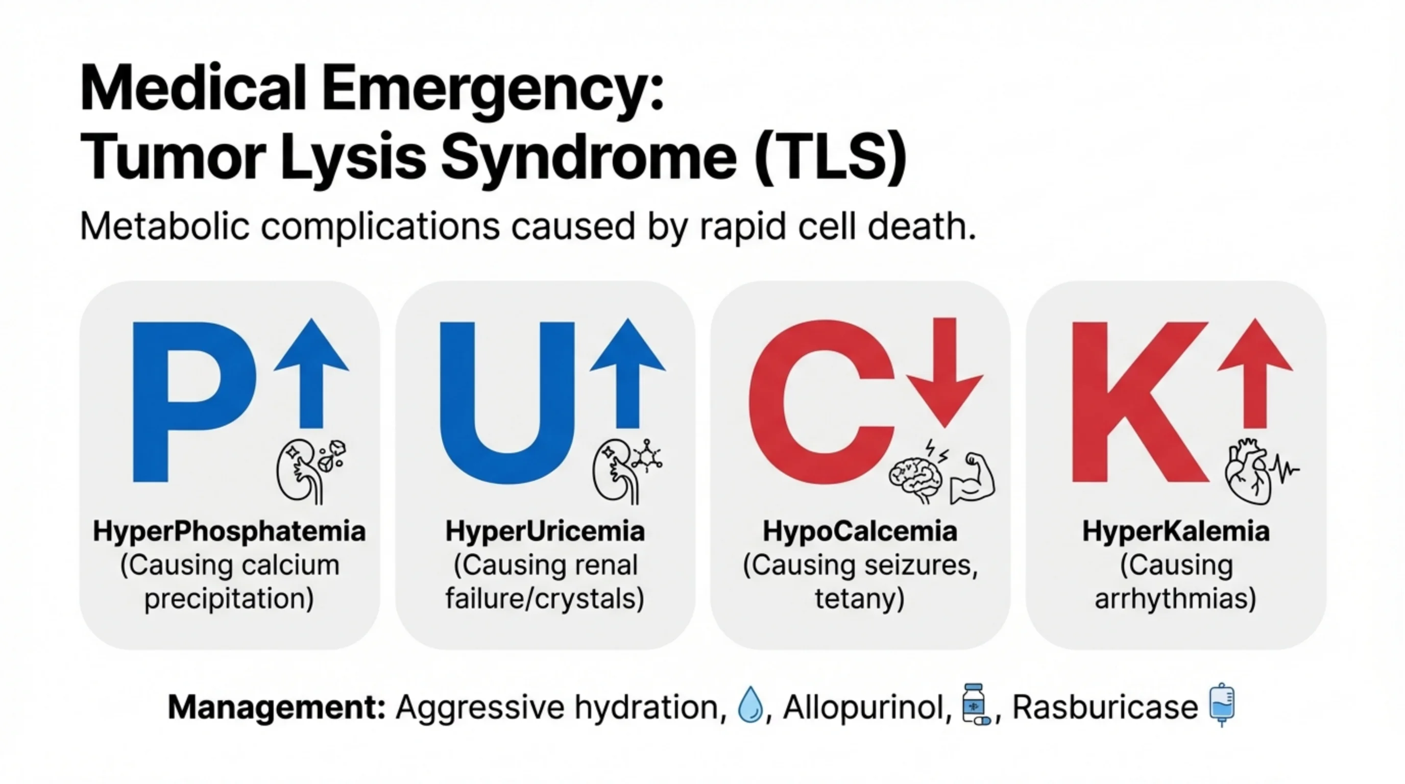 Four large icon cards spelling P-U-C-K with up or down arrows depicting the electrolyte derangements of tumor lysis syndrome, plus a management line below.