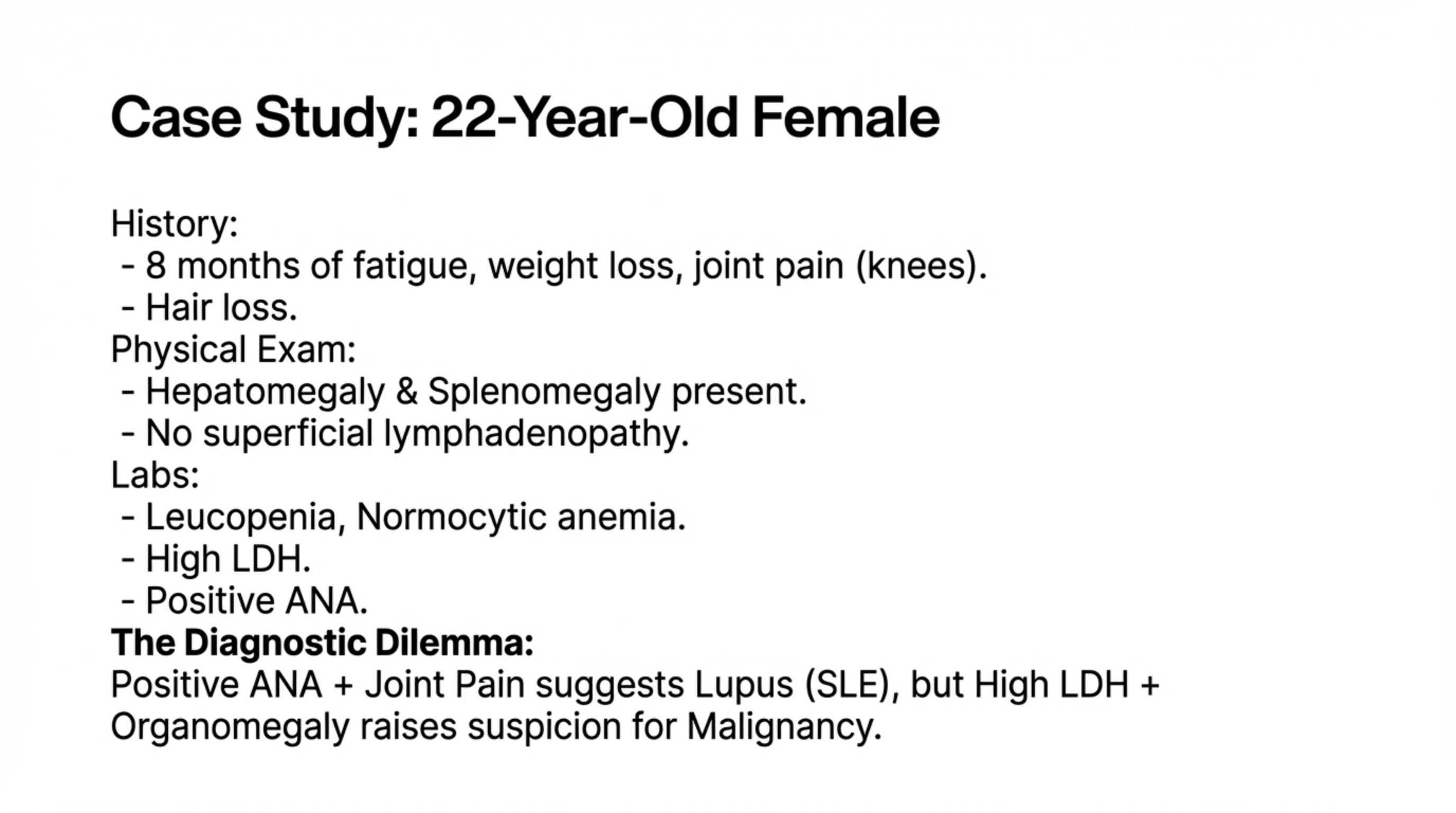Text-only clinical case slide organized into History, Physical Exam, Labs and a Diagnostic Dilemma section.