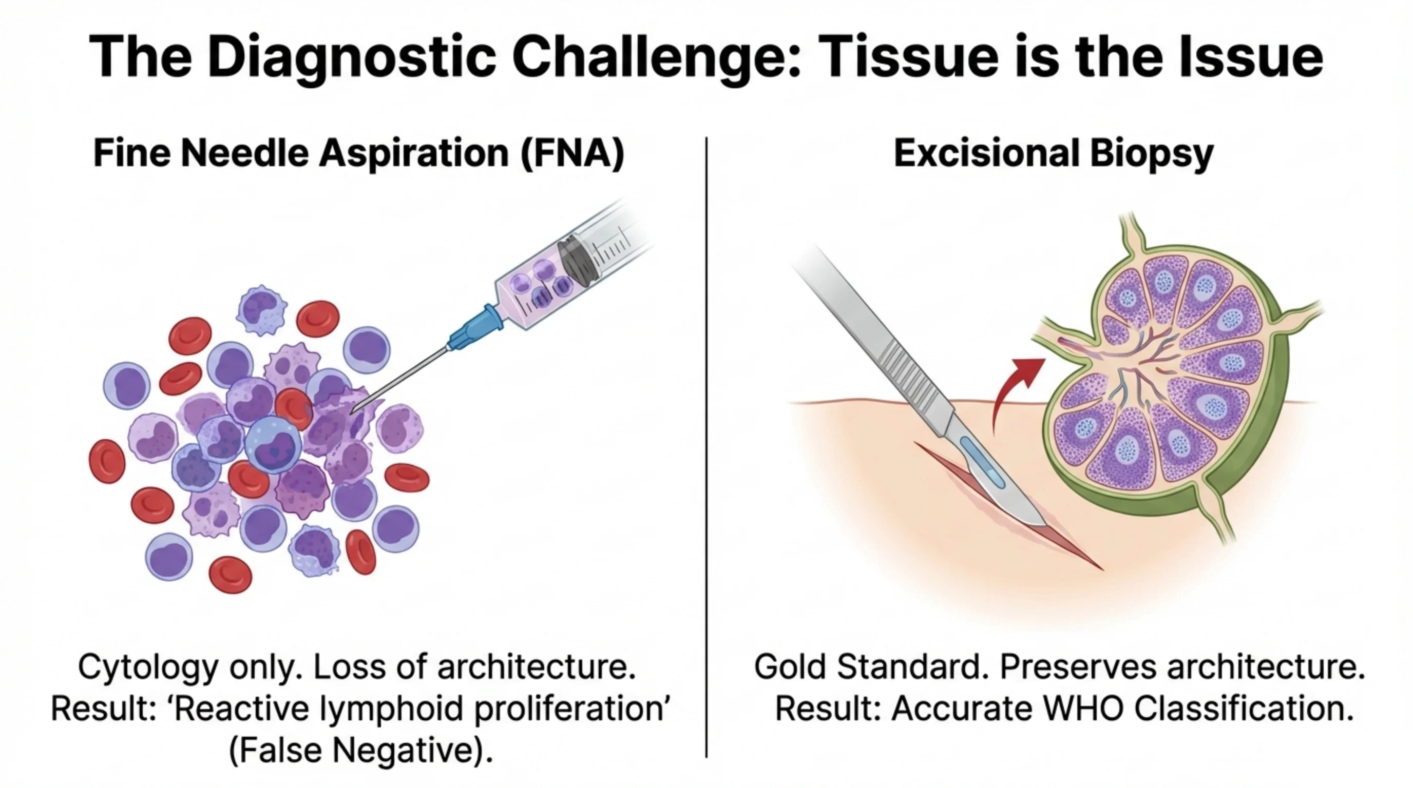 Two-panel comparison contrasting fine needle aspiration on the left with excisional biopsy of a lymph node on the right.