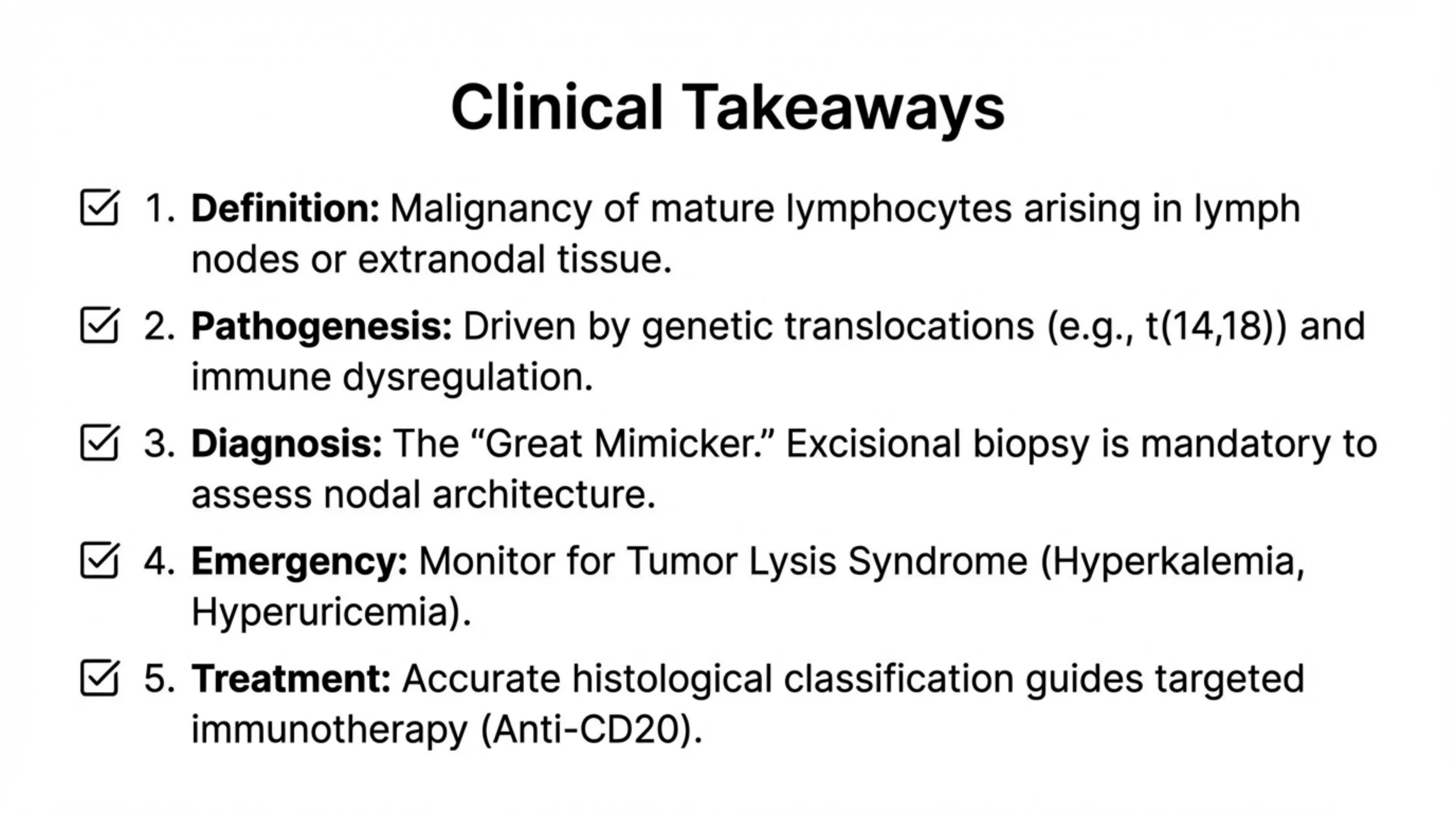 Checklist slide summarizing five key clinical takeaways, each with a checkbox and bold lead-in term.