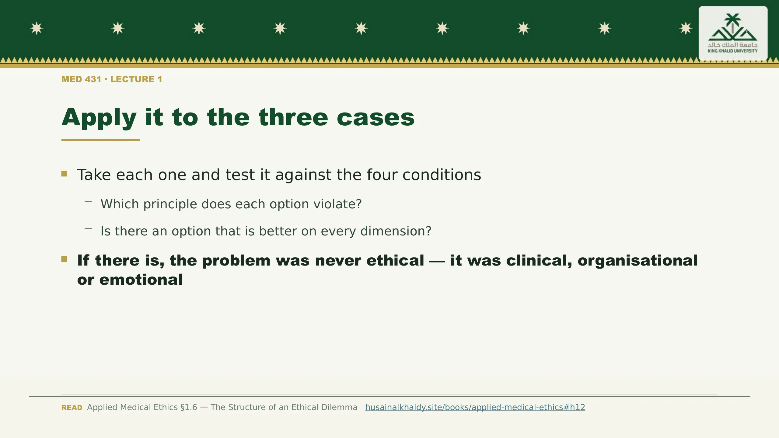 Apply it to the three cases. Take each one and test it against the four conditions