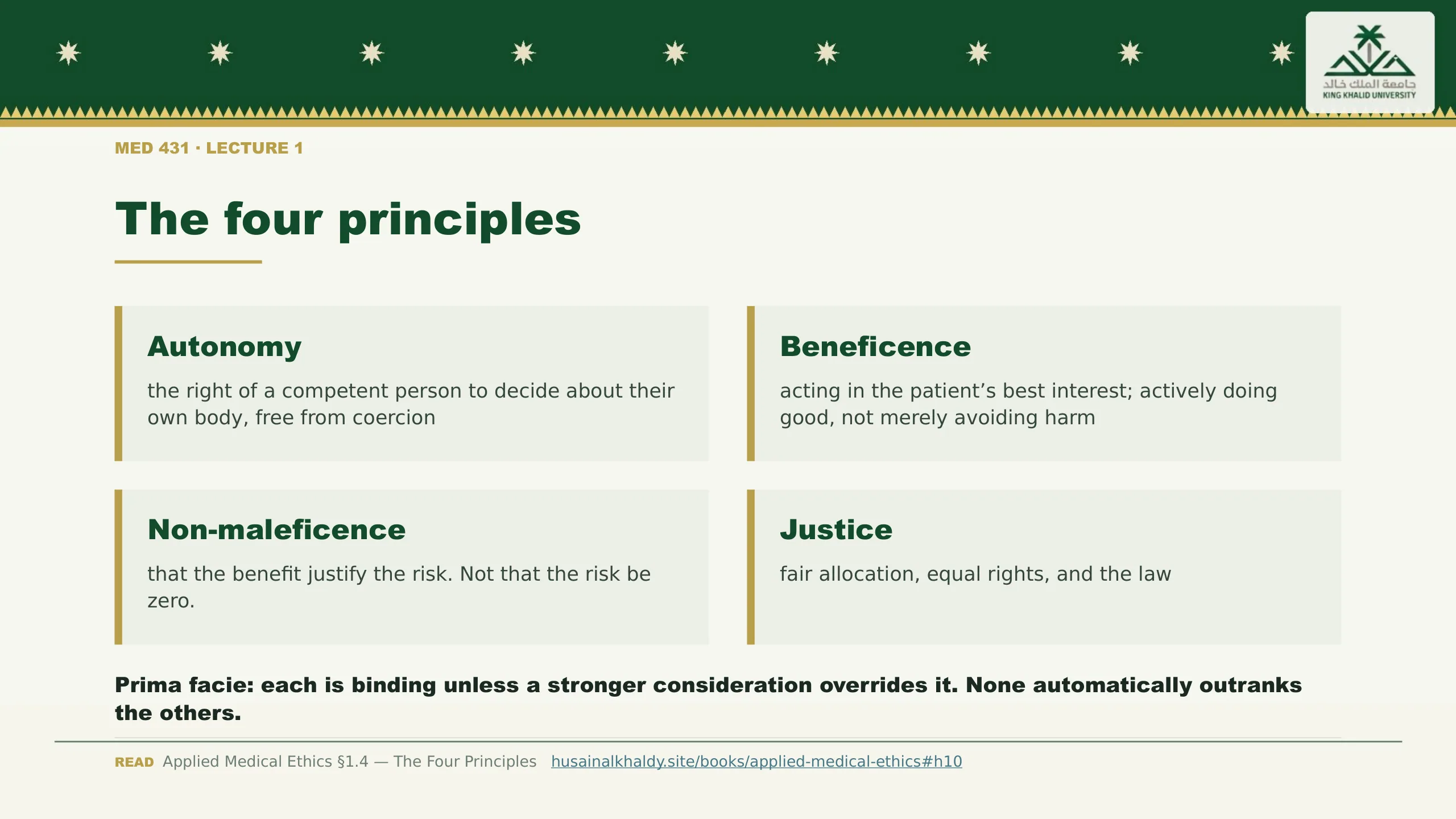 The four principles. Autonomy — the right of a competent person to decide about their own body, free from coercion