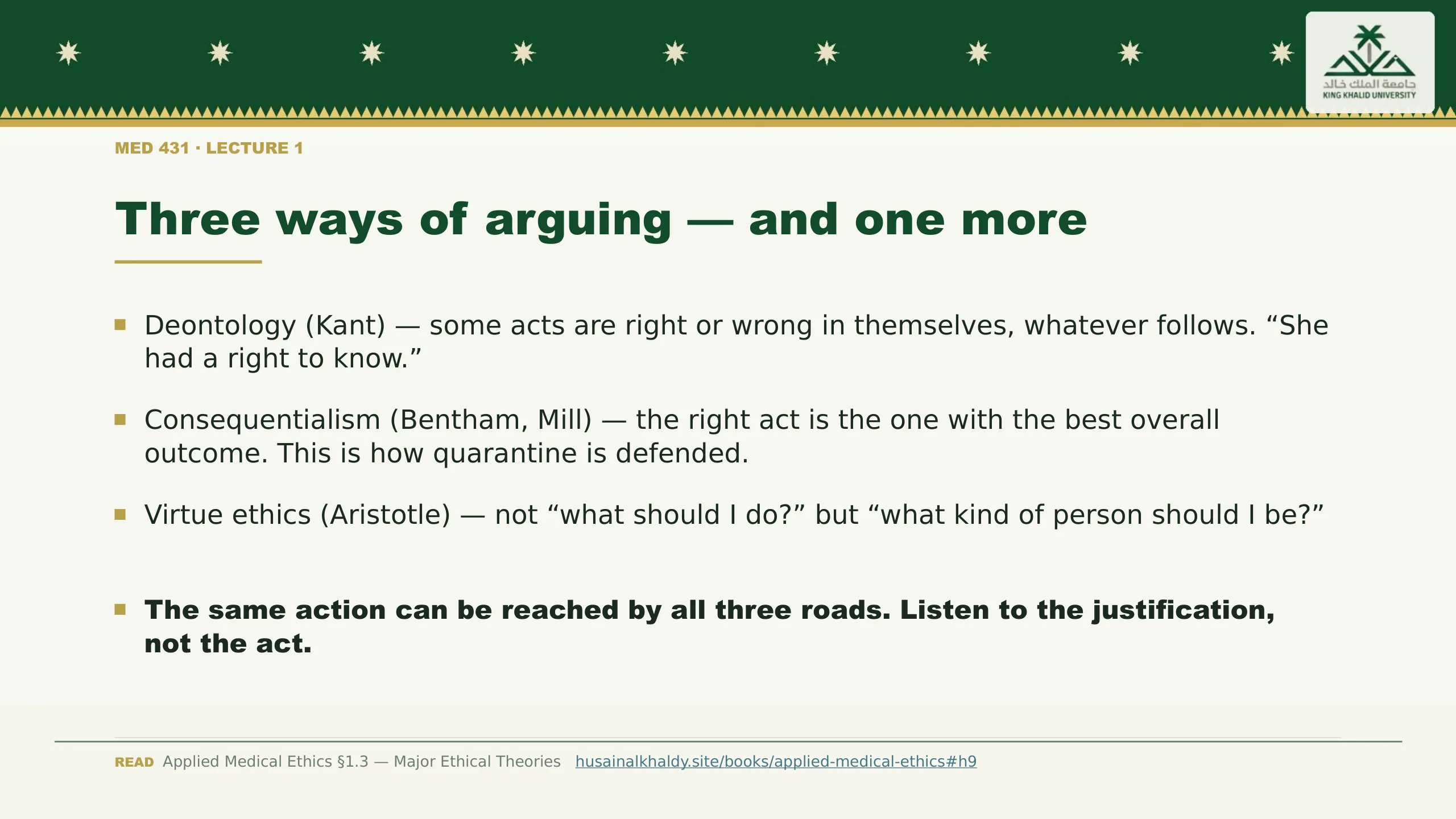 Three ways of arguing — and one more. Deontology (Kant) — some acts are right or wrong in themselves, whatever follows. “She had a right to know.”