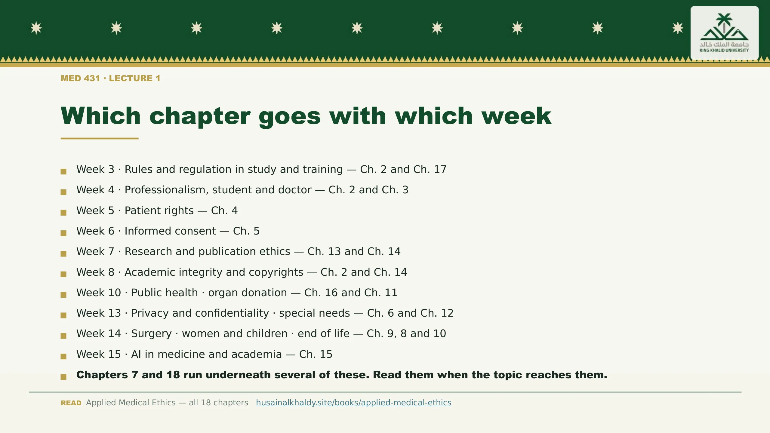 Which chapter goes with which week. Week 3 · Rules and regulation in study and training — Ch. 2 and Ch. 17