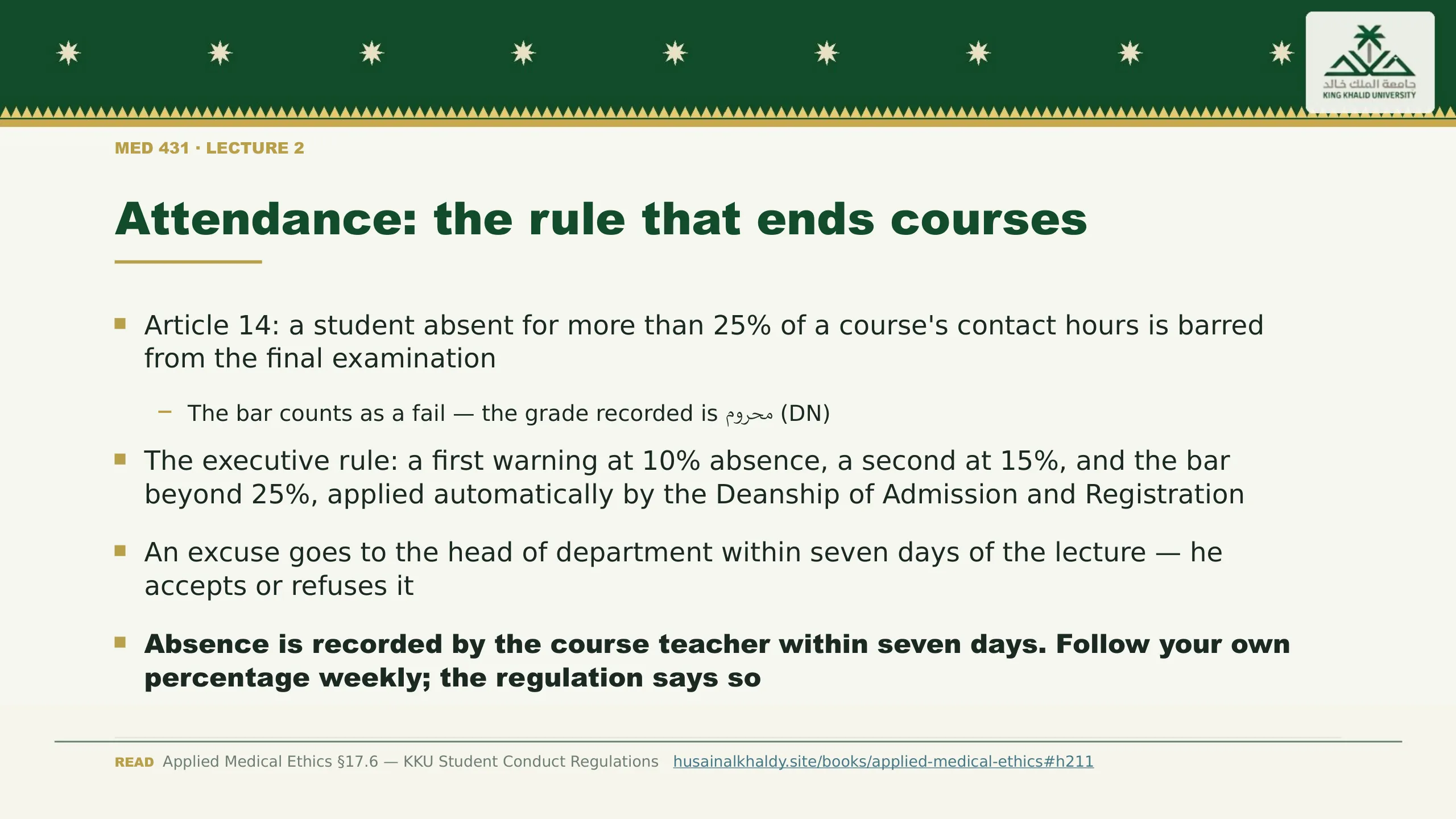 Attendance: the rule that ends courses. Article 14: a student absent for more than 25% of a course's contact hours is barred from the final examination