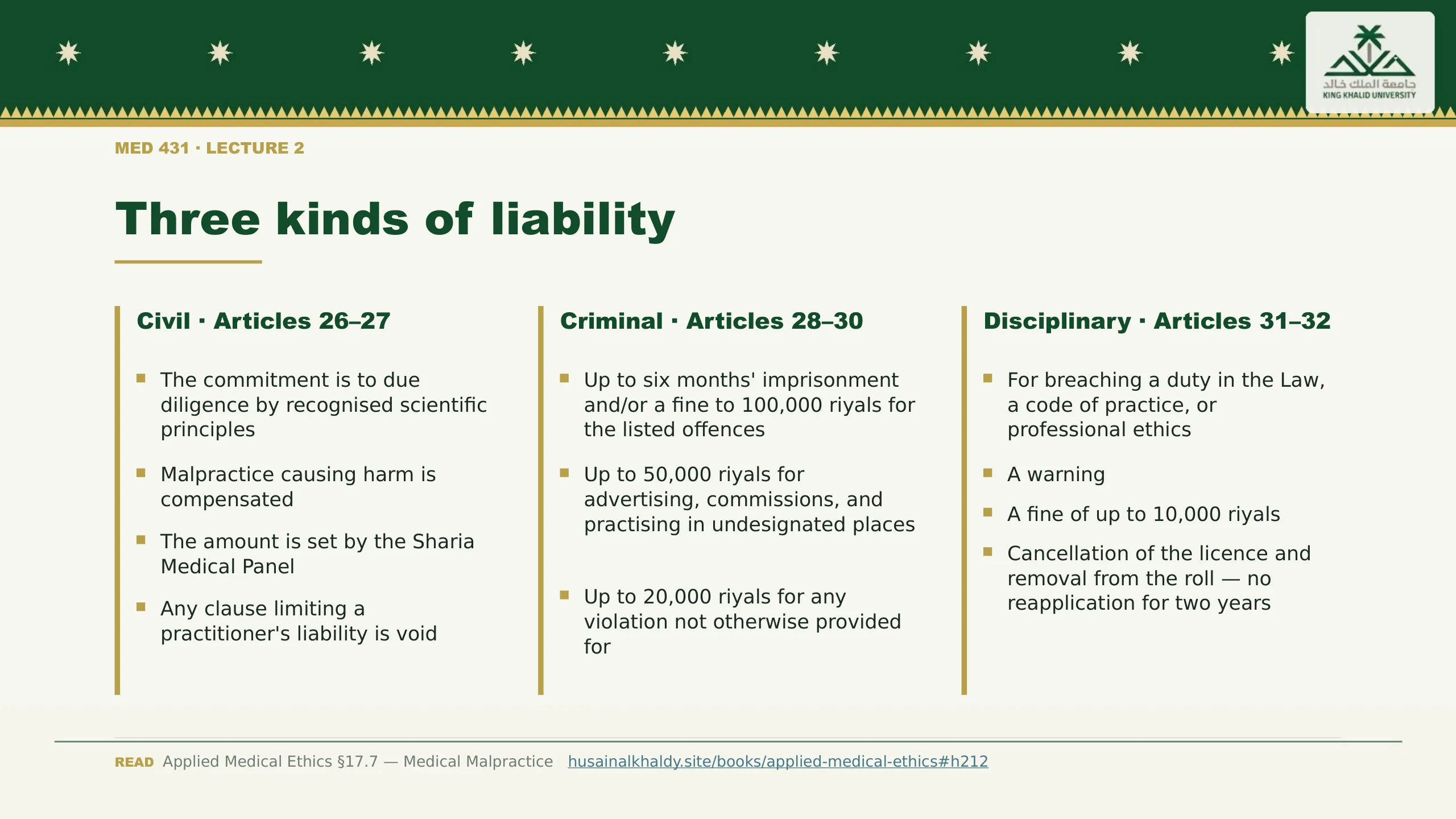 Three columns of liability under the Law: civil under Articles 26 and 27, criminal under Articles 28 to 30, and disciplinary under Articles 31 and 32.