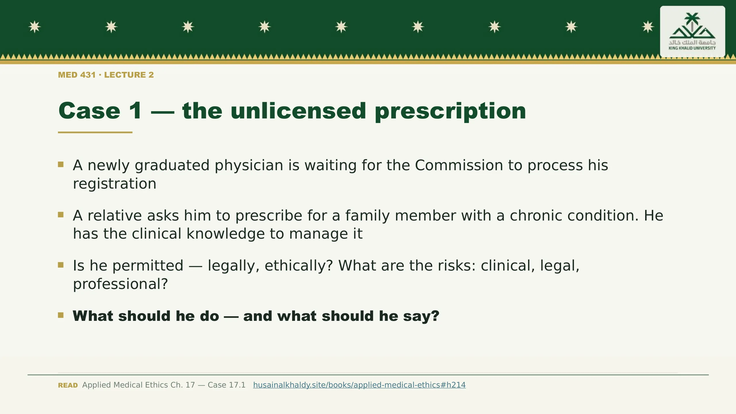 Case 1 — the unlicensed prescription. A newly graduated physician is waiting for the Commission to process his registration
