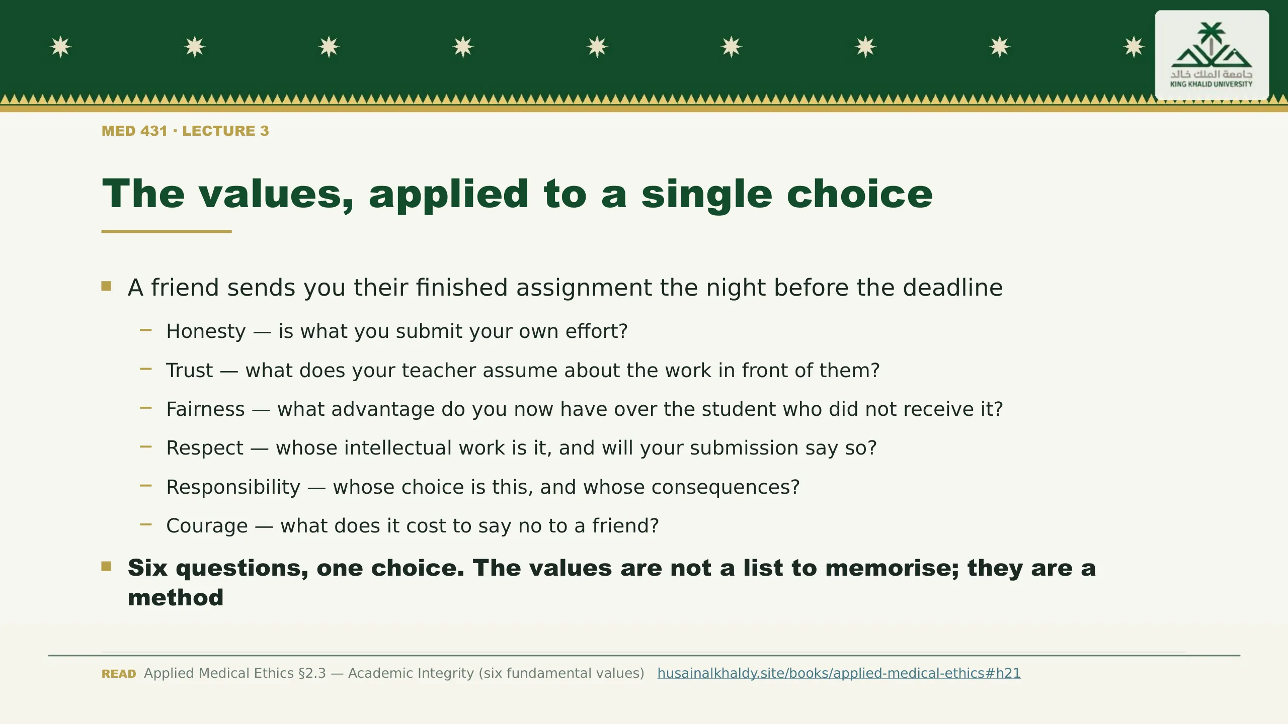 The values, applied to a single choice. A friend sends you their finished assignment the night before the deadline