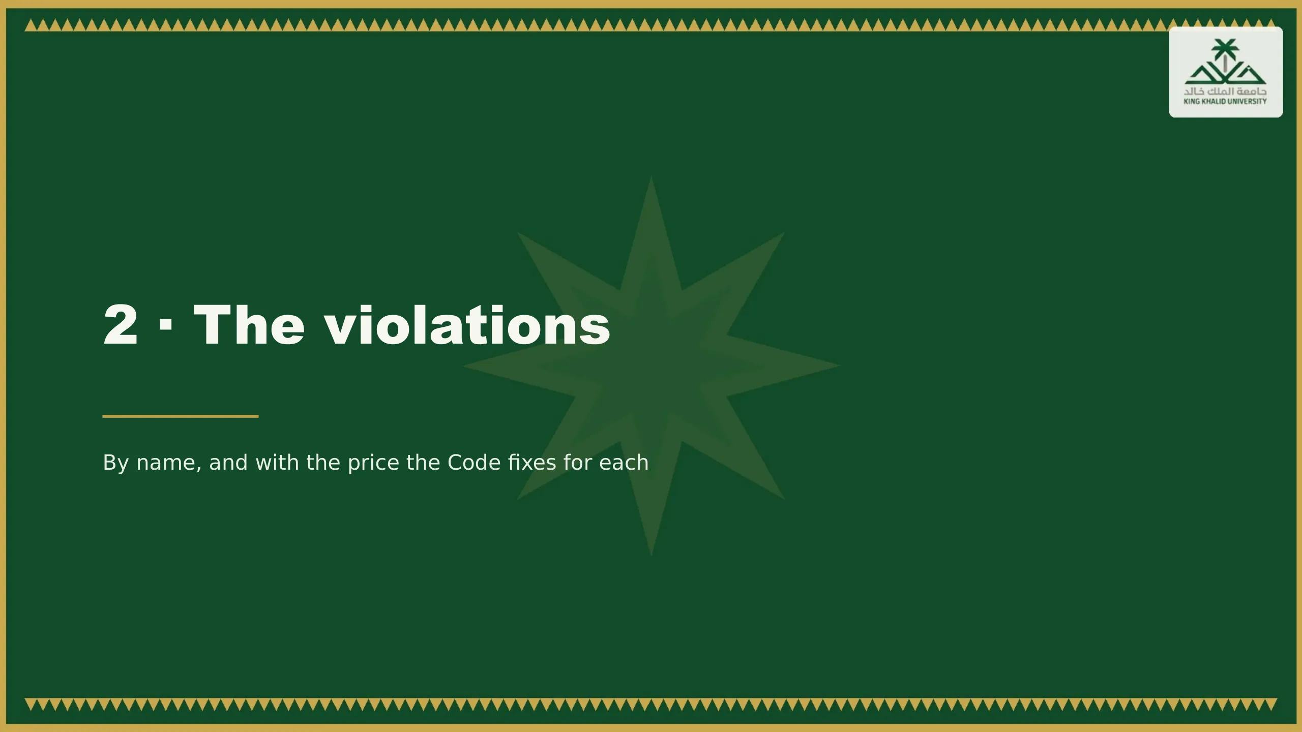 2 · The violations. By name, and with the price the Code fixes for each