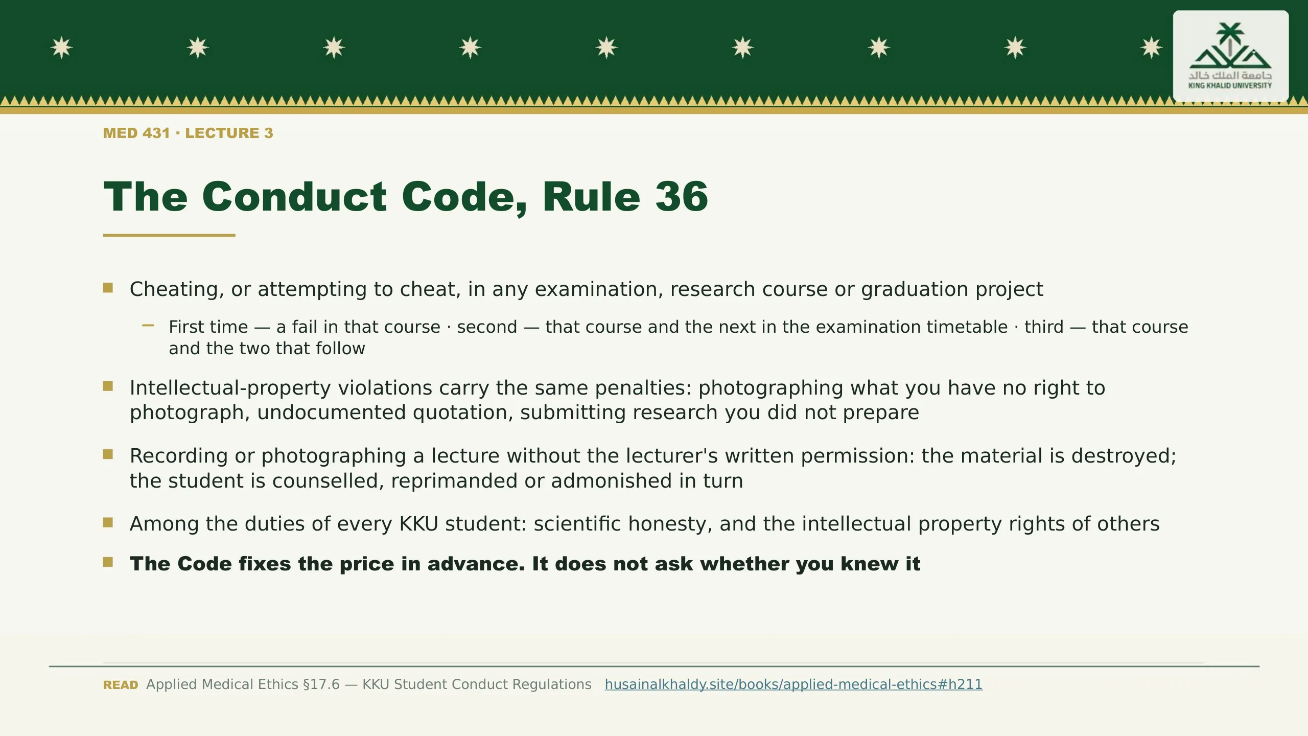 The Conduct Code, Rule 36. Cheating, or attempting to cheat, in any examination, research course or graduation project