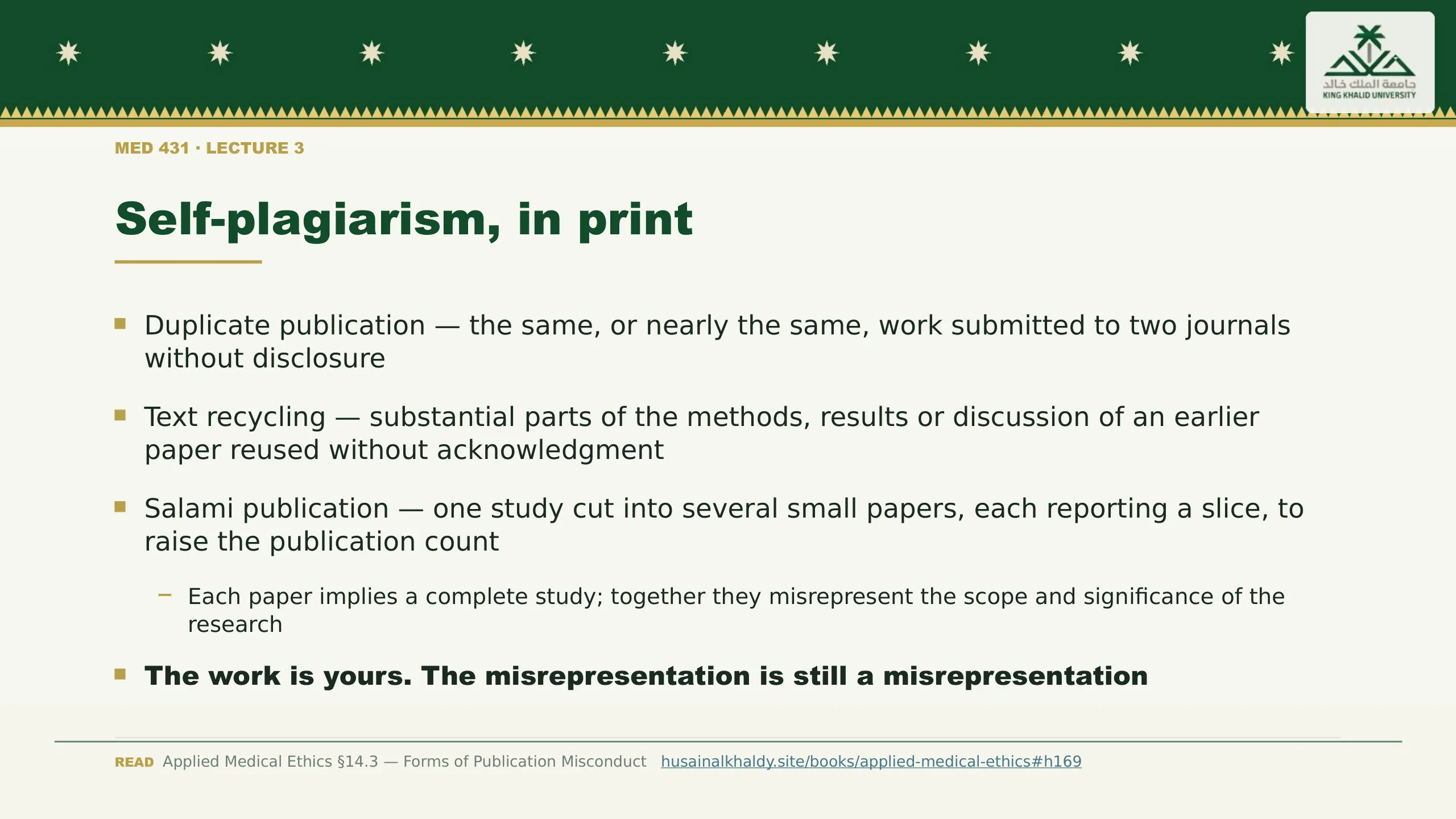 Self-plagiarism, in print. Duplicate publication — the same, or nearly the same, work submitted to two journals without disclosure