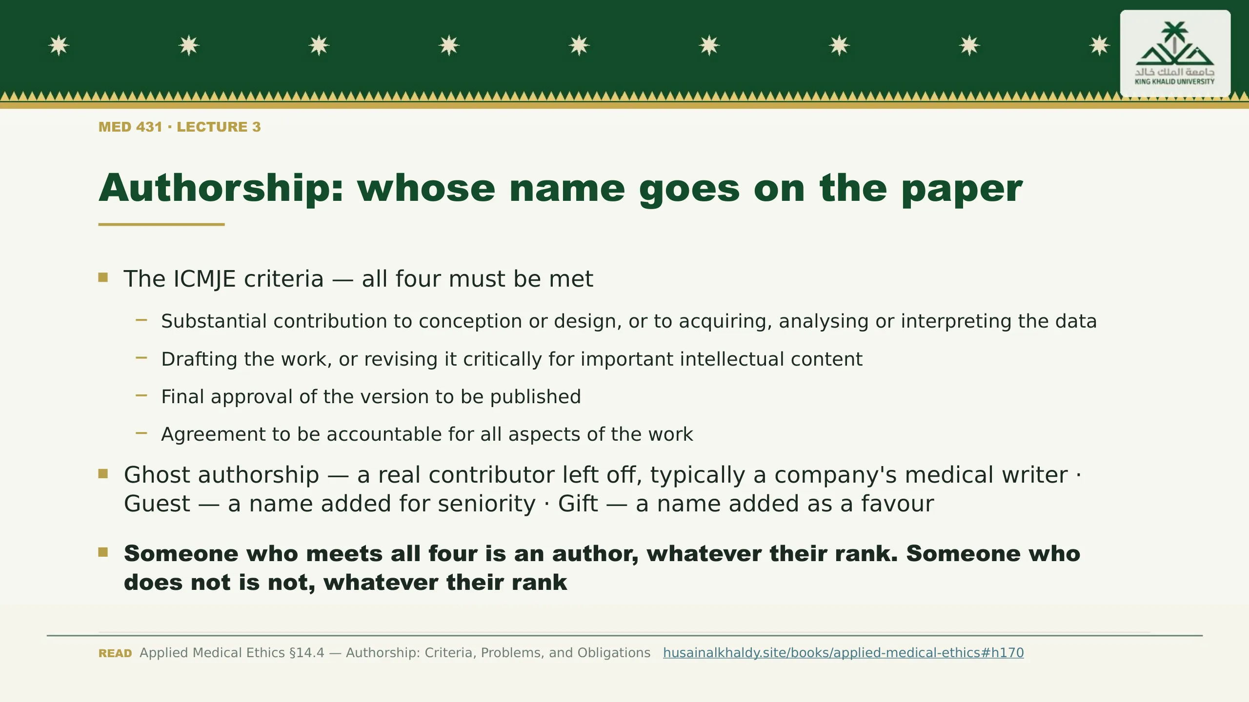 Authorship: whose name goes on the paper. The ICMJE criteria — all four must be met
