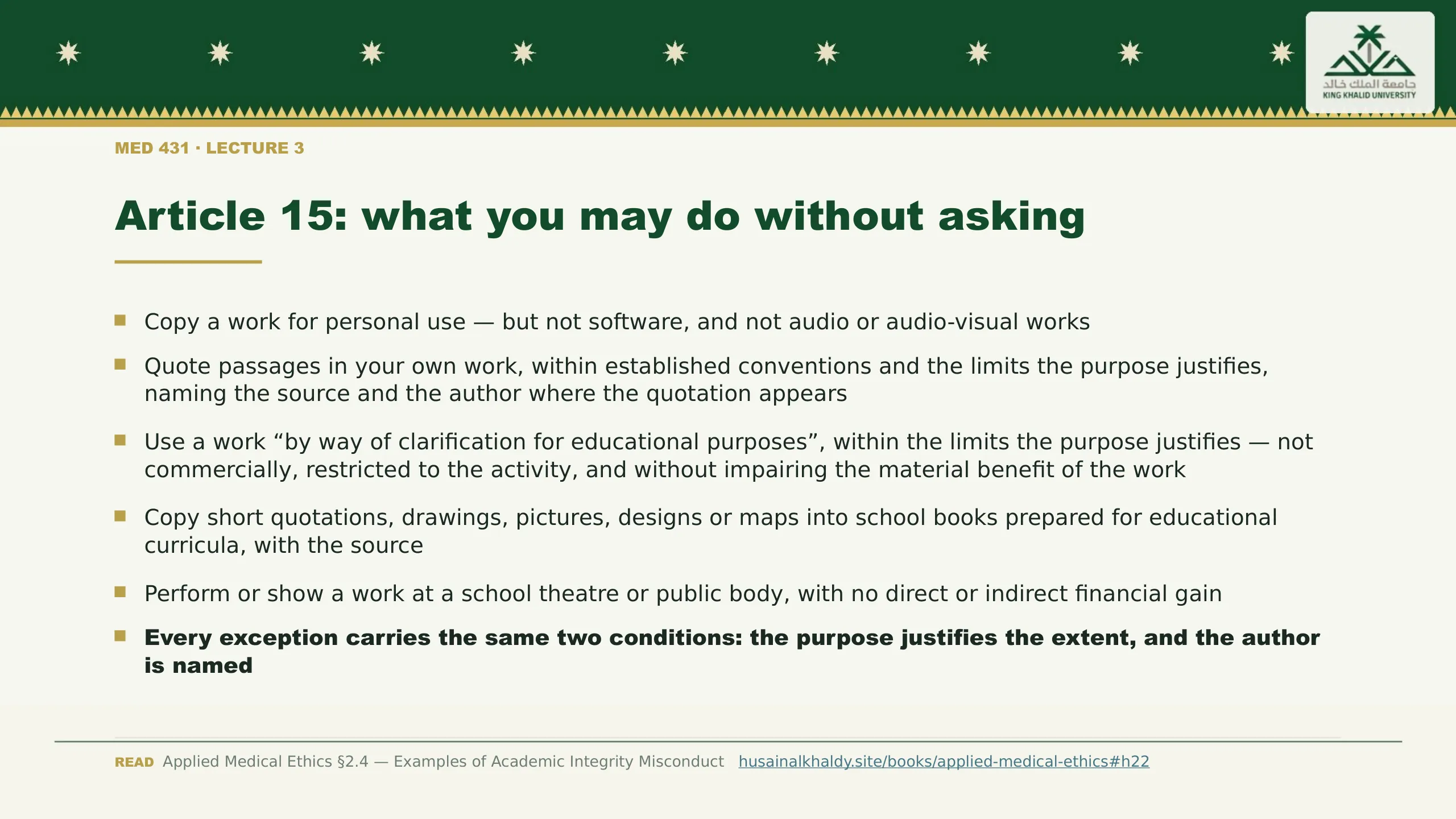 Article 15: what you may do without asking. Copy a work for personal use — but not software, and not audio or audio-visual works