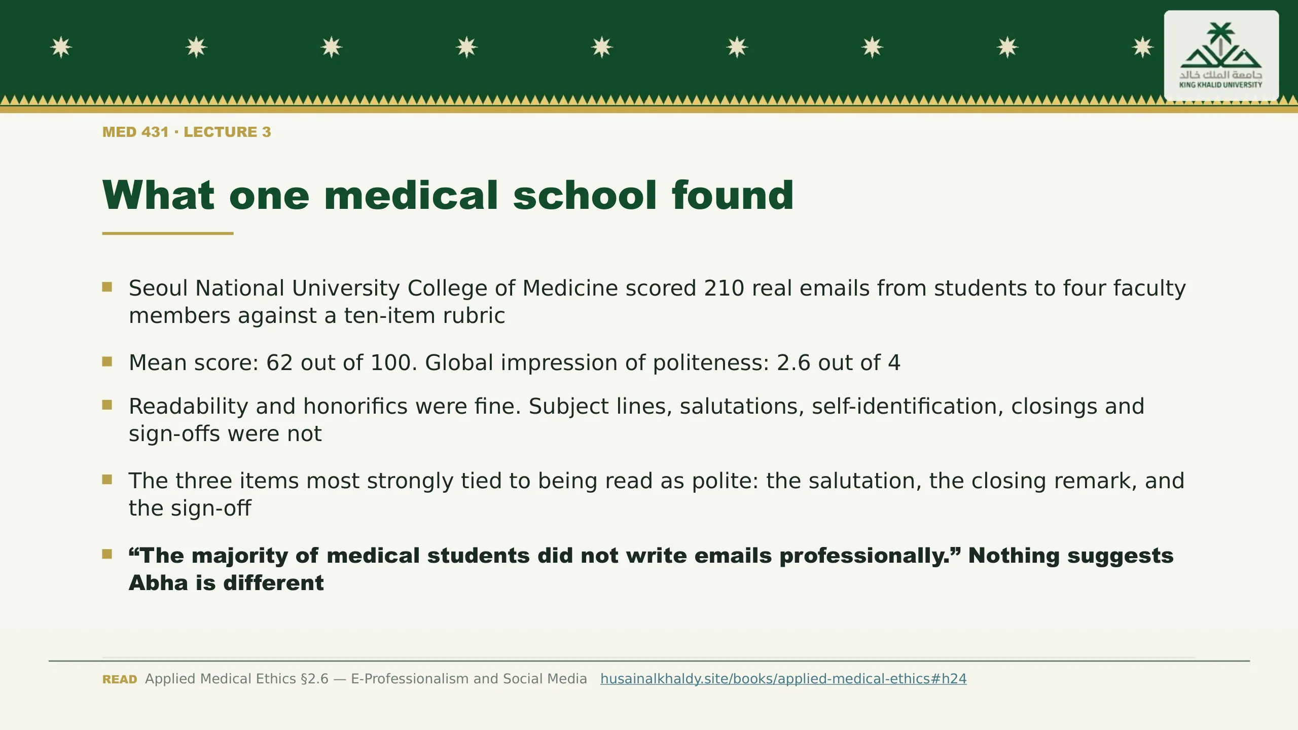 What one medical school found. Seoul National University College of Medicine scored 210 real emails from students to four faculty members against a ten-item rubric