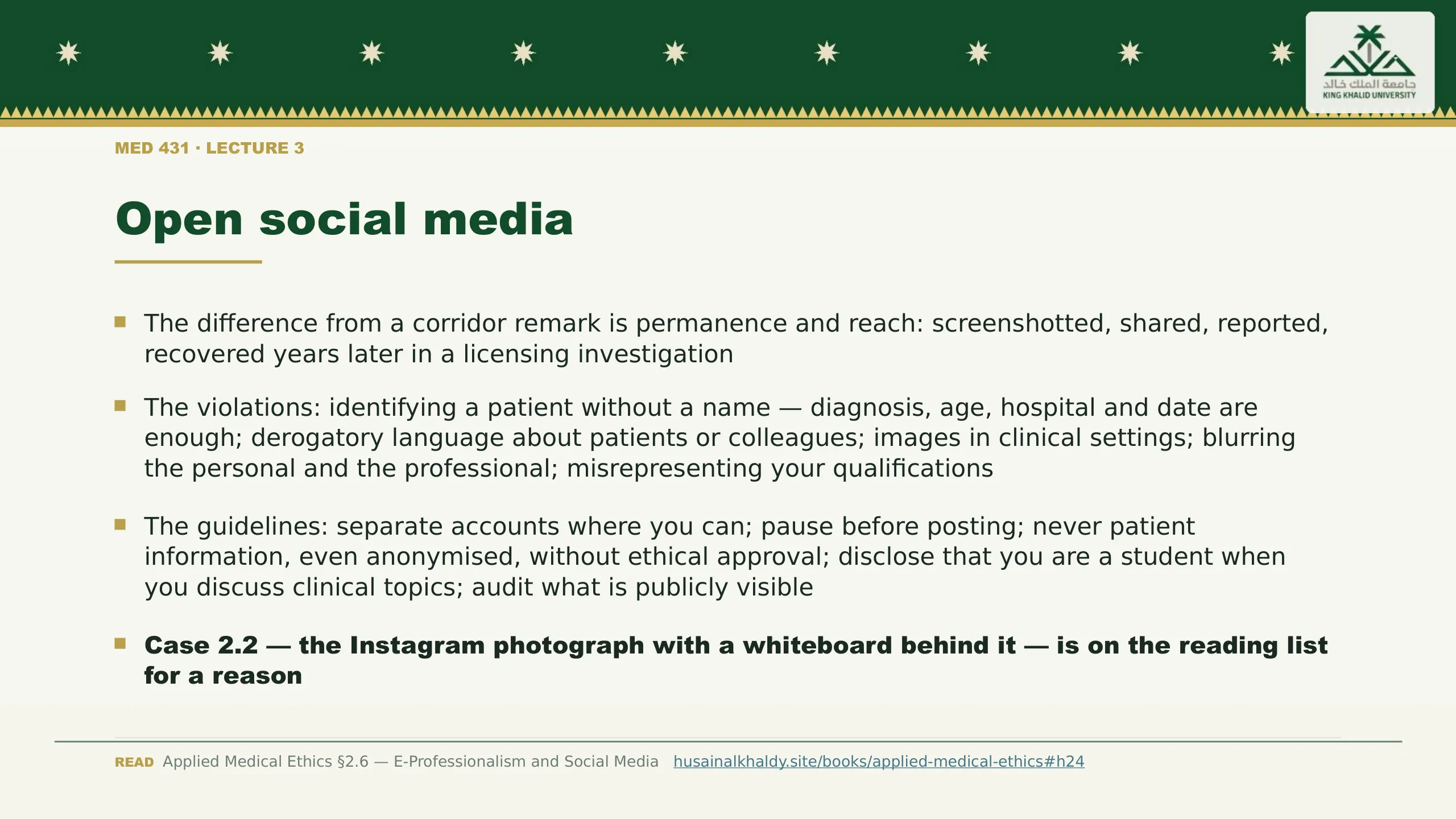Open social media. The difference from a corridor remark is permanence and reach: screenshotted, shared, reported, recovered years later in a licensing investigation