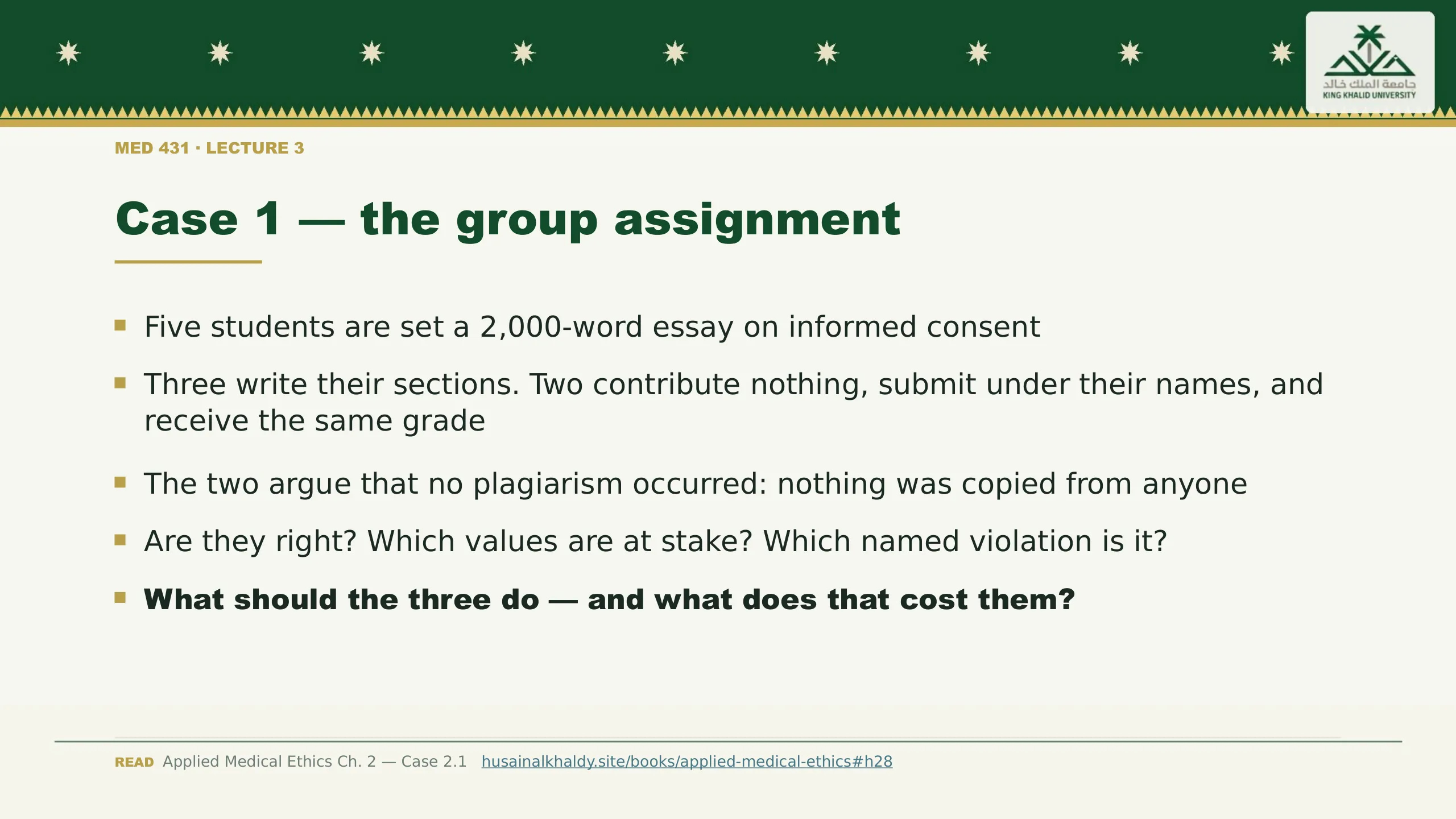 Case 1 — the group assignment. Five students are set a 2,000-word essay on informed consent
