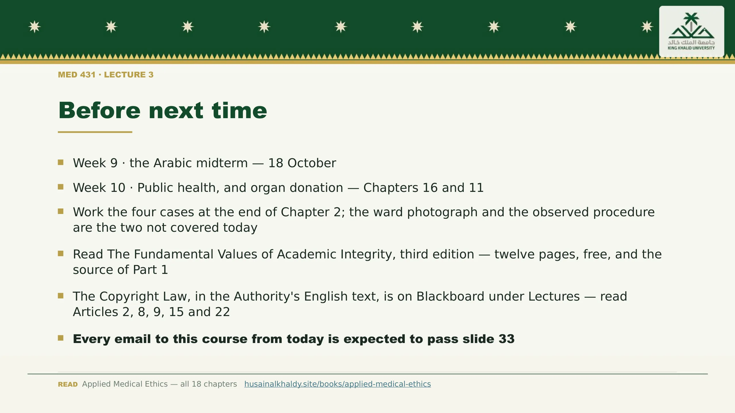 Before next time. Week 9 · the Arabic midterm — 18 October
