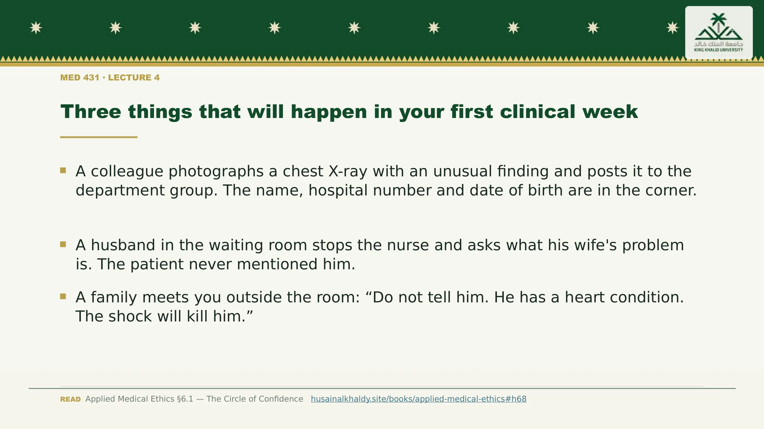 Three things that will happen in your first clinical week. A colleague photographs a chest X-ray with an unusual finding and posts it to the department group. The name, hospital number and date of birth are in the corner.