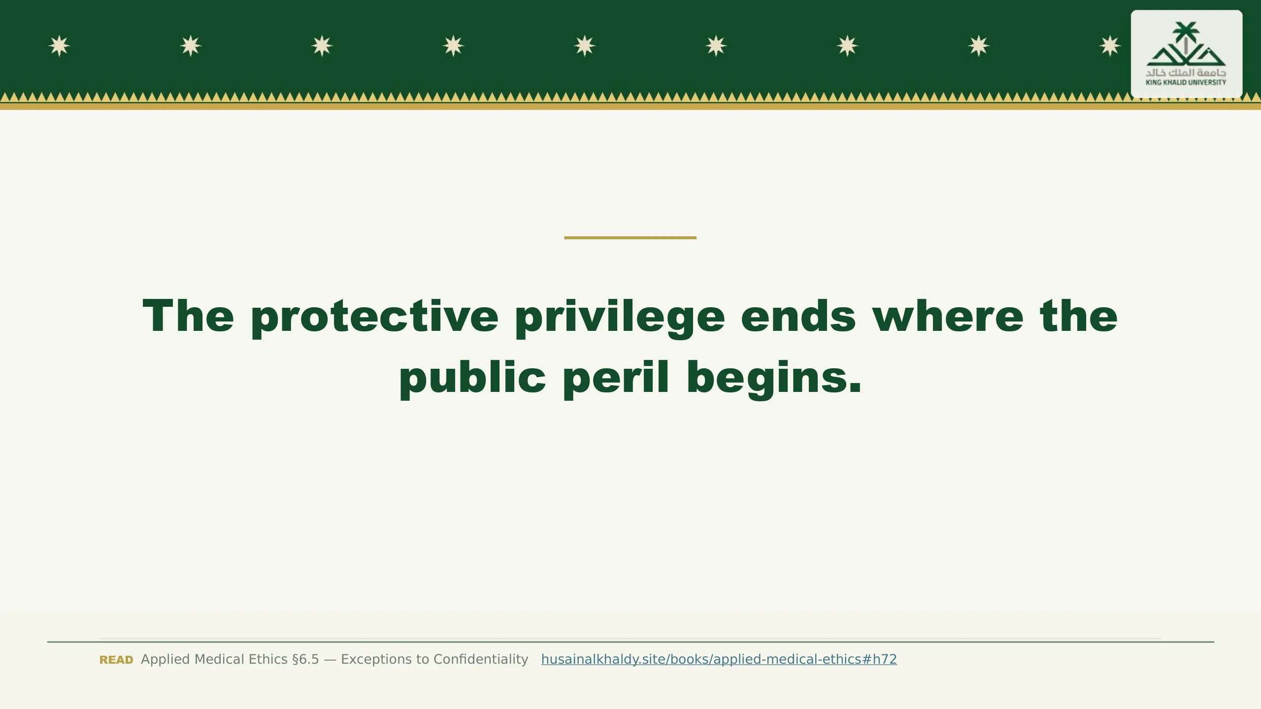 Slide reading: The protective privilege ends where the public peril begins. — Tarasoff v. Regents of the University of California, 1976
