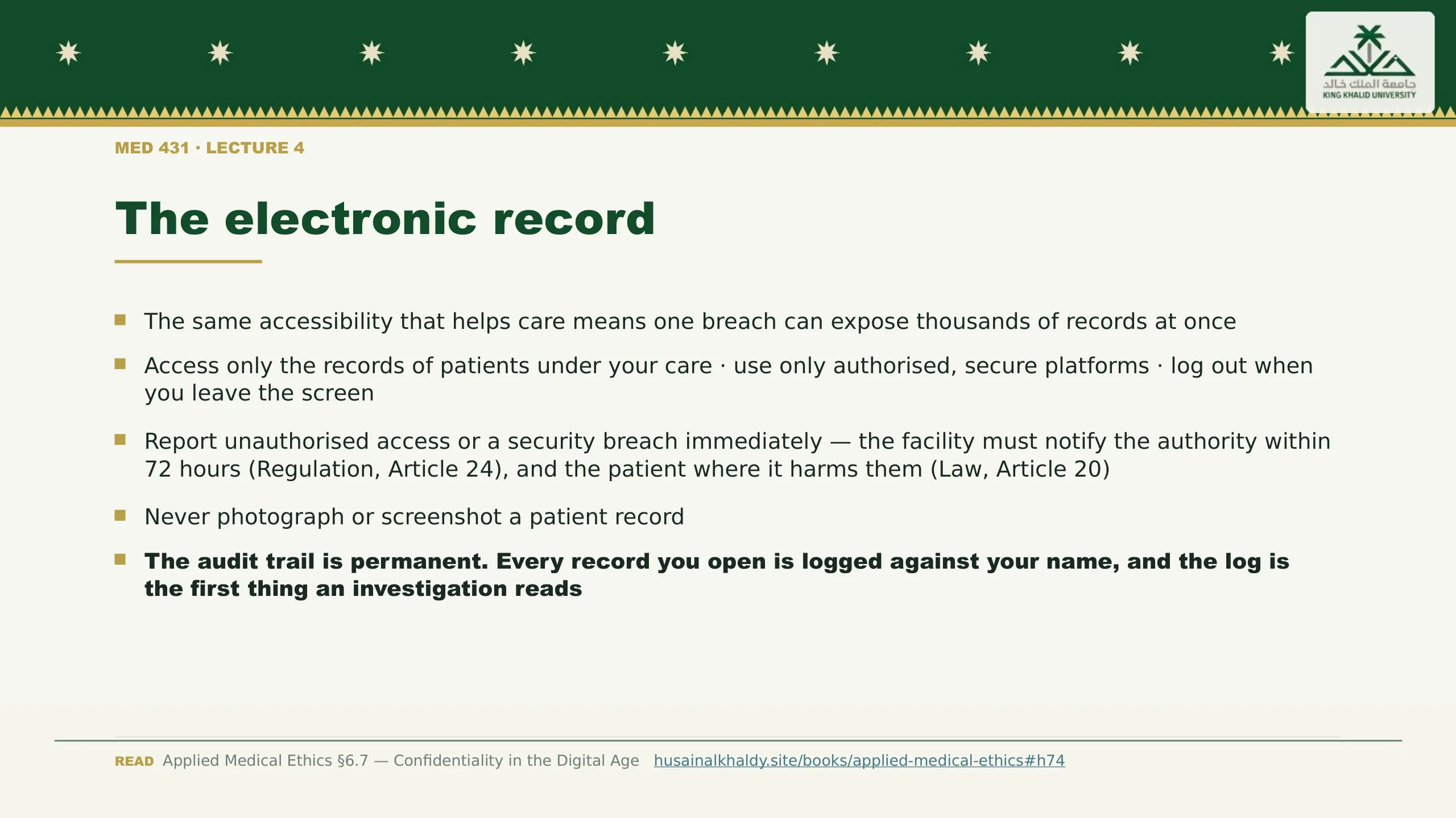 The electronic record. The same accessibility that helps care means one breach can expose thousands of records at once