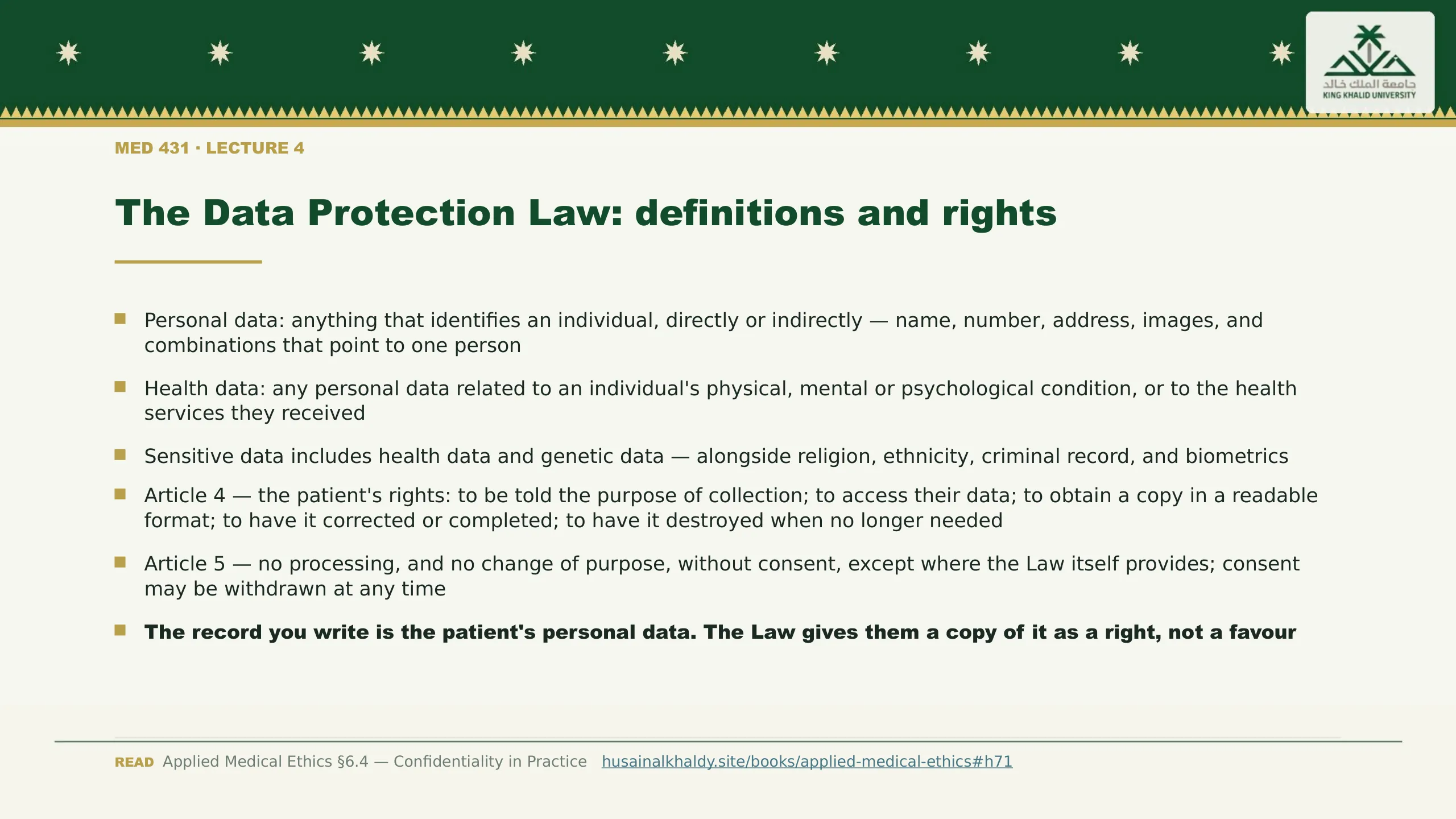 The Data Protection Law: definitions and rights. Personal data: anything that identifies an individual, directly or indirectly — name, number, address, images, and combinations that point to one person