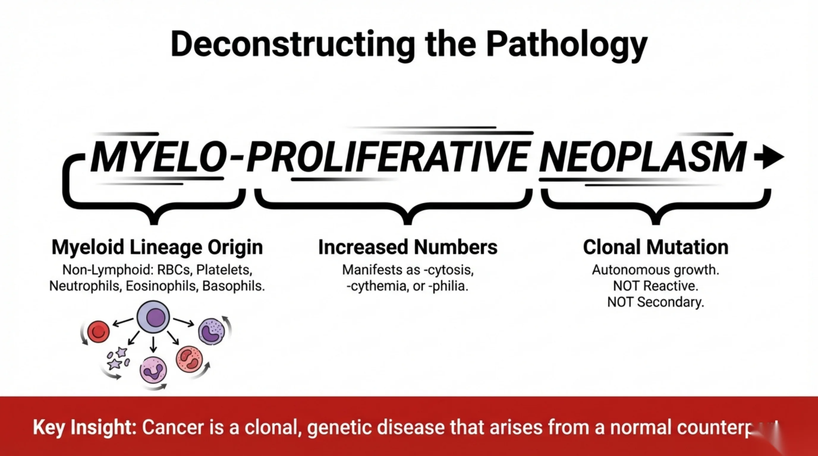 Diagram breaking the term MYELO-PROLIFERATIVE NEOPLASM into three bracketed components, with a hematopoietic cell lineage illustration.