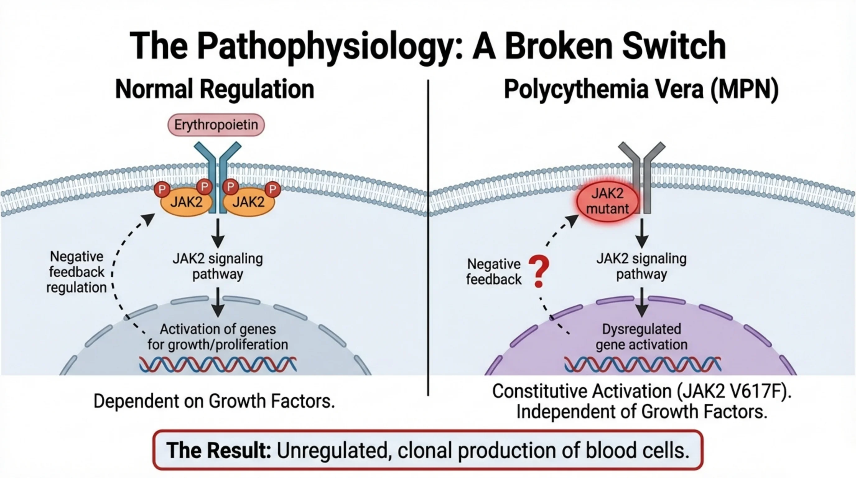Side-by-side cell diagrams contrasting normal EPO-dependent JAK2 signaling with constitutively active mutant JAK2 in polycythemia vera.