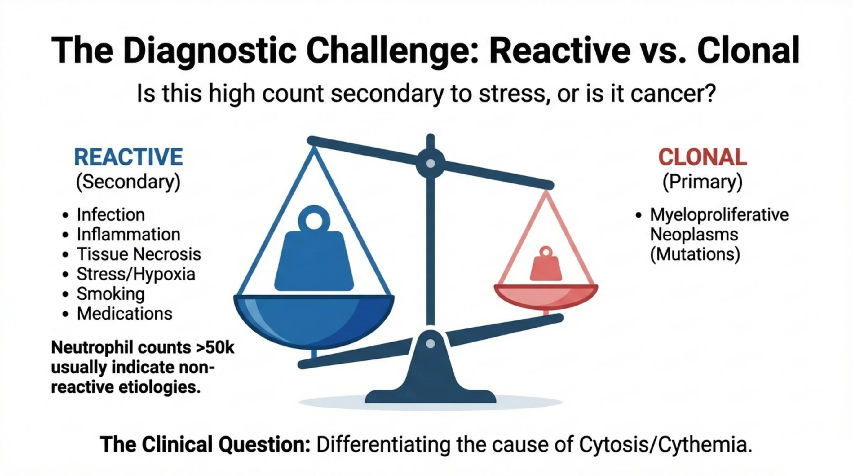 A balance scale weighing reactive/secondary causes against clonal/primary causes of high blood counts.