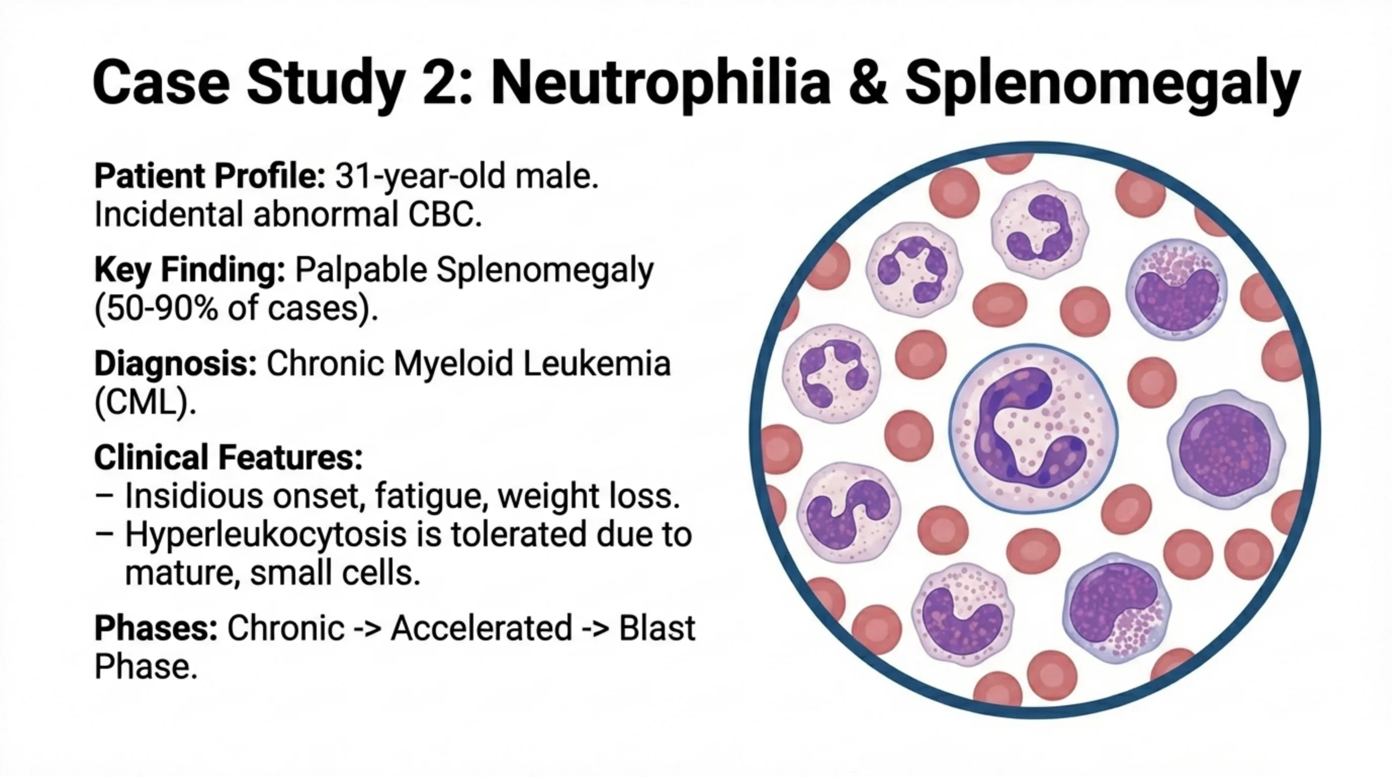 Case description of chronic myeloid leukemia beside a blood smear showing numerous mature granulocytes among red cells.