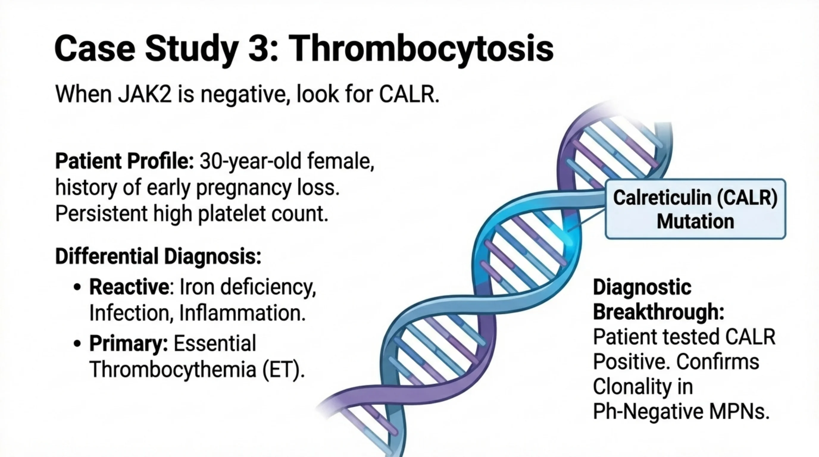 Case of essential thrombocythemia with a DNA double-helix illustration labeled Calreticulin (CALR) Mutation.