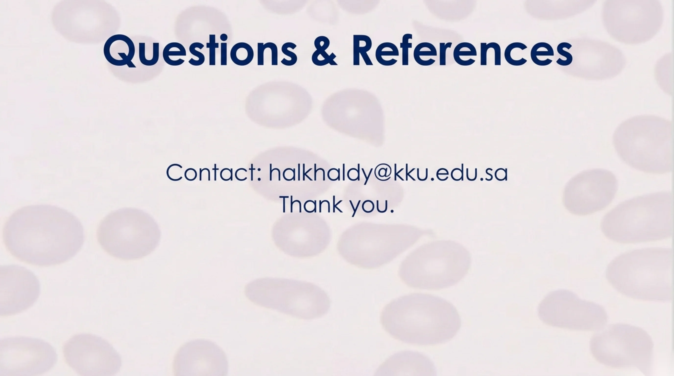Closing slide with contact email over a faint blood-cell background.