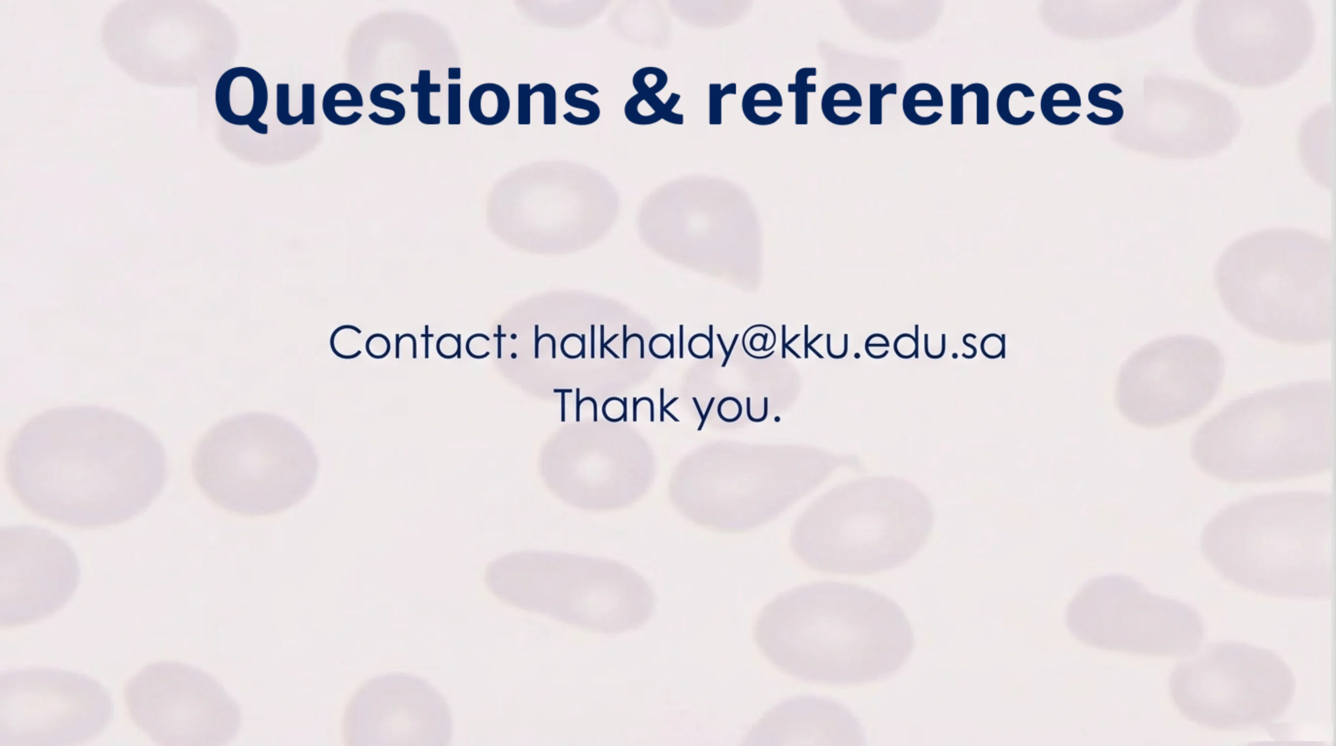 Closing slide with contact email over a faint blood-cell background.