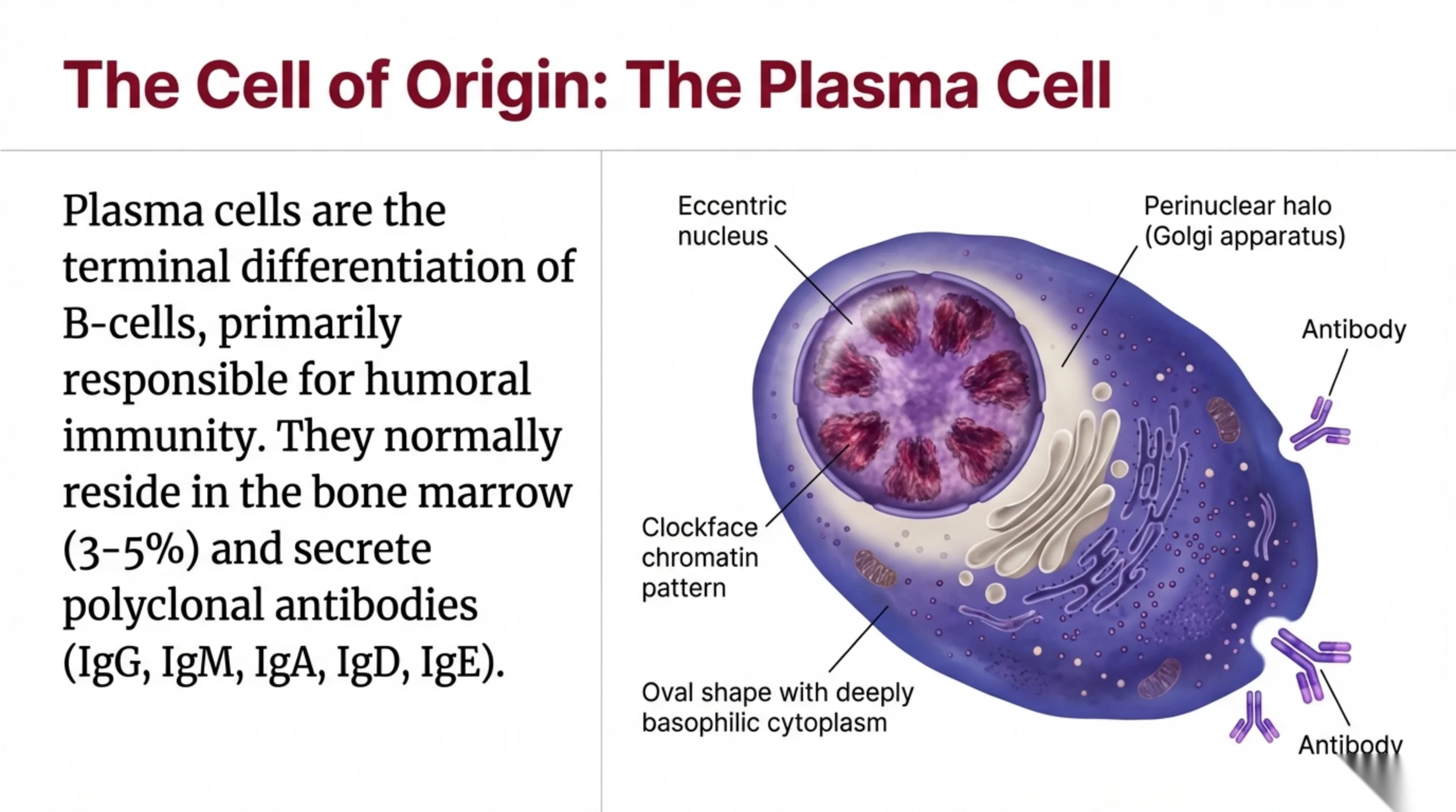 Labeled illustration of a plasma cell showing an eccentric nucleus with clockface chromatin, a perinuclear halo (Golgi apparatus), oval basophilic cytoplasm, and secreted antibodies.