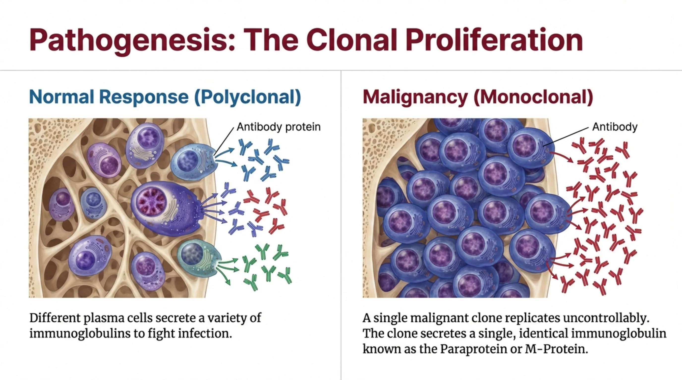 Two-panel comparison of bone marrow: a normal polyclonal response with varied plasma cells secreting multi-colored antibodies versus a monoclonal malignancy with many identical clones secreting a single antibody type.