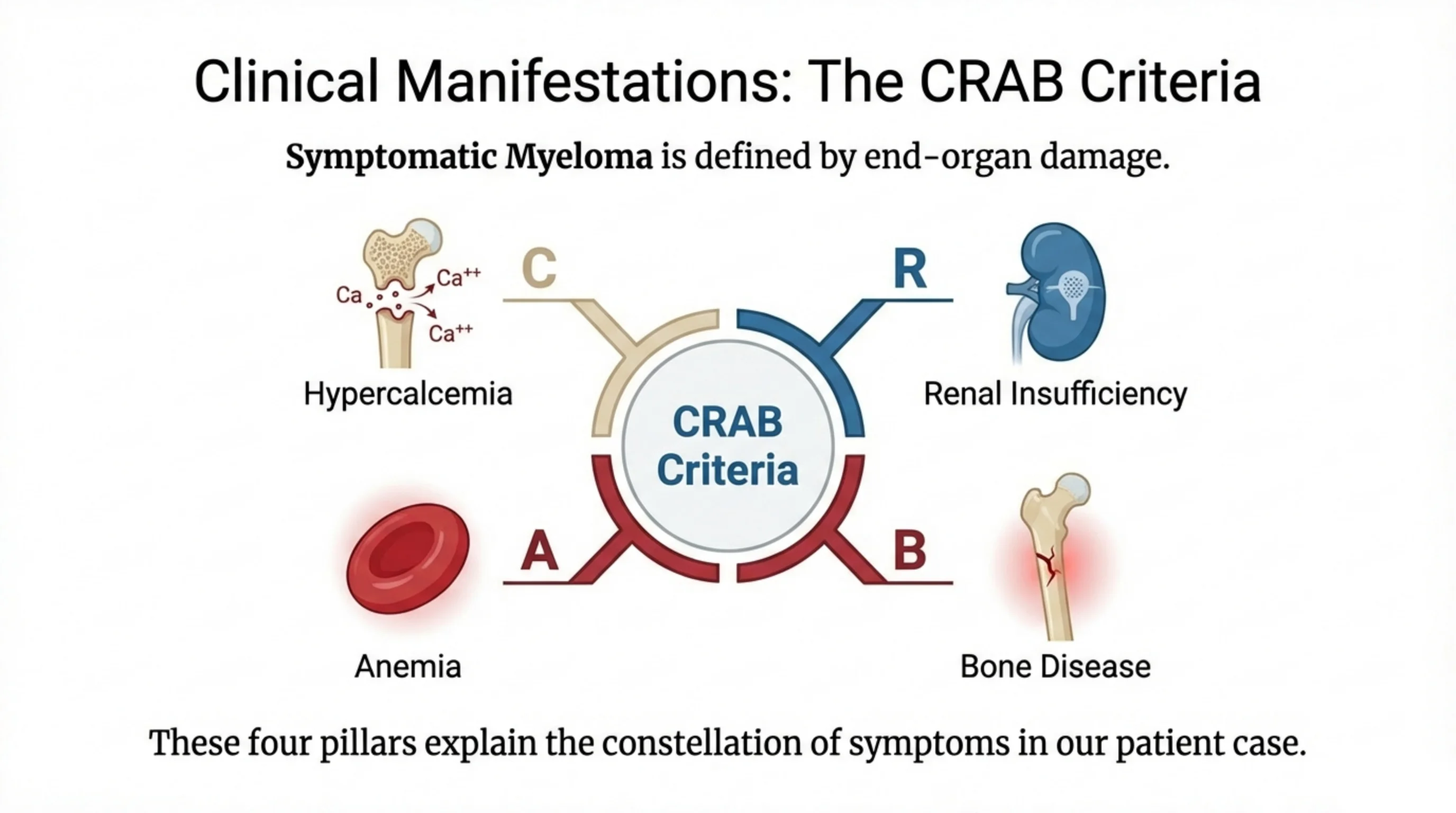 Central circular CRAB Criteria hub with four surrounding icons and labels for Hypercalcemia, Renal Insufficiency, Anemia, and Bone Disease.