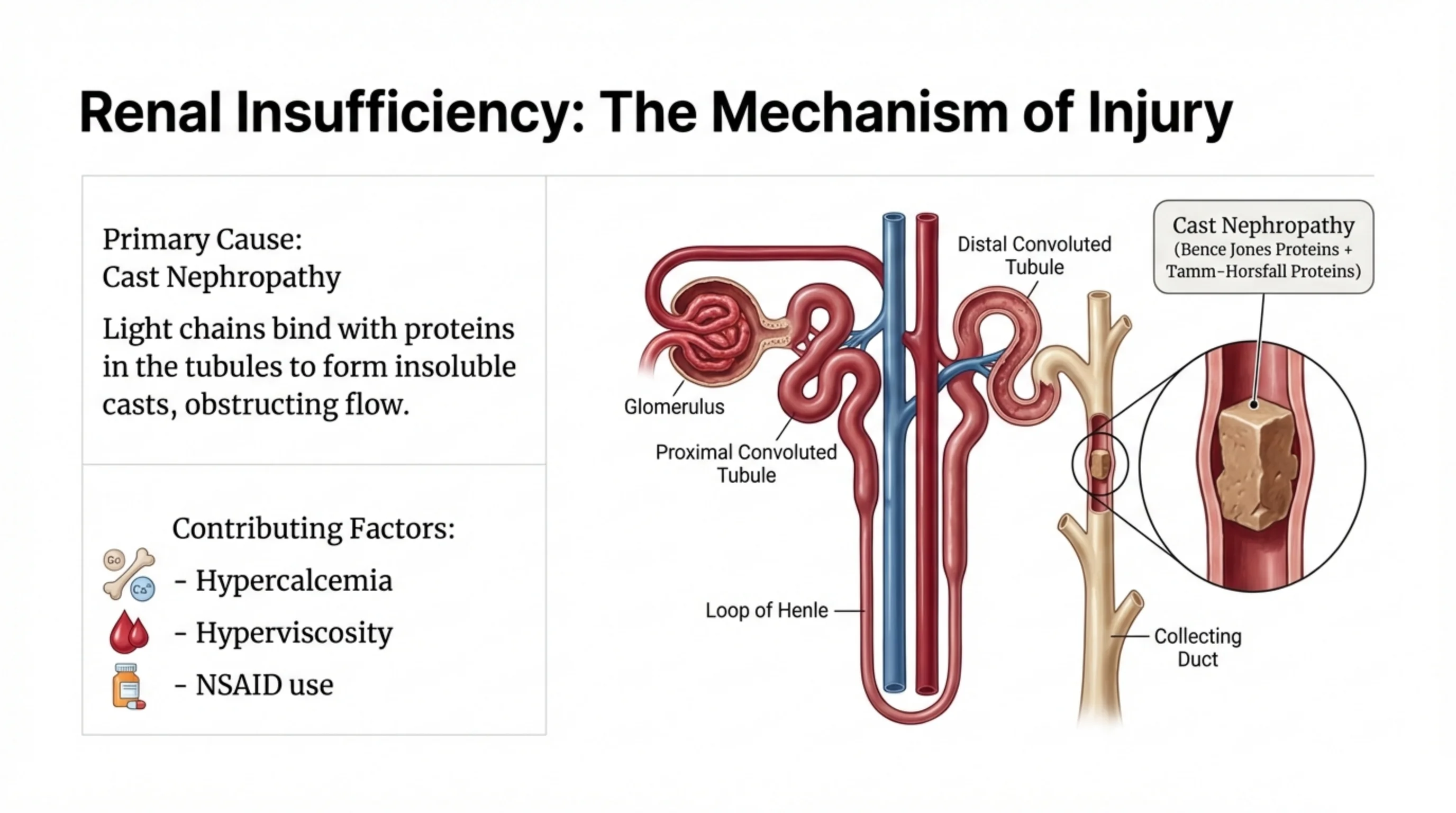 Diagram of a nephron labeling glomerulus, proximal and distal convoluted tubules, loop of Henle, and collecting duct, with a magnified inset showing an obstructing cast in a tubule.