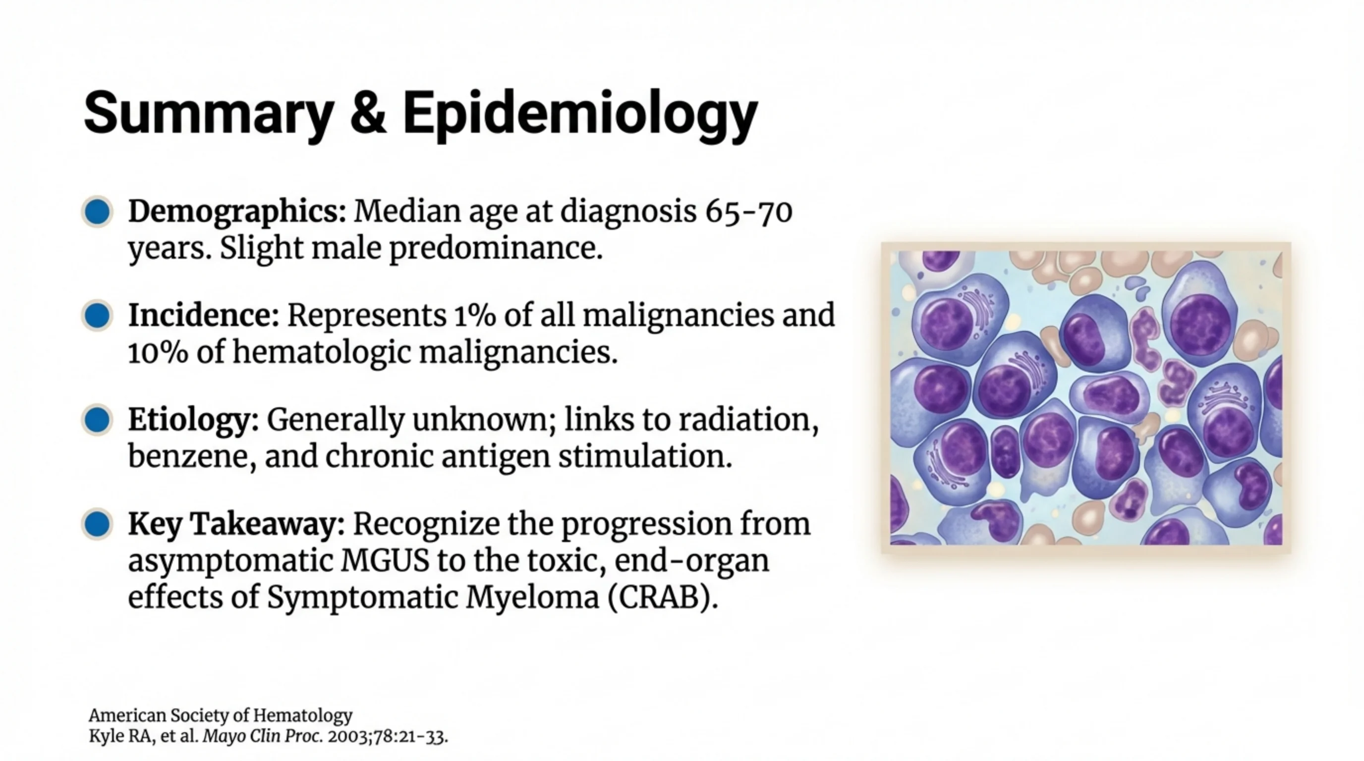 Summary slide with four bulleted points on demographics, incidence, etiology, and key takeaway, beside an illustration of clustered plasma cells.